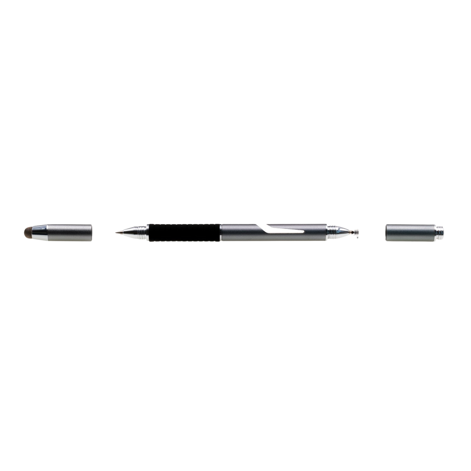 Eingeteilter Stylus-Stift auf Schwarz. Drei Teile: Spitze, Mitte und andere Spitze.