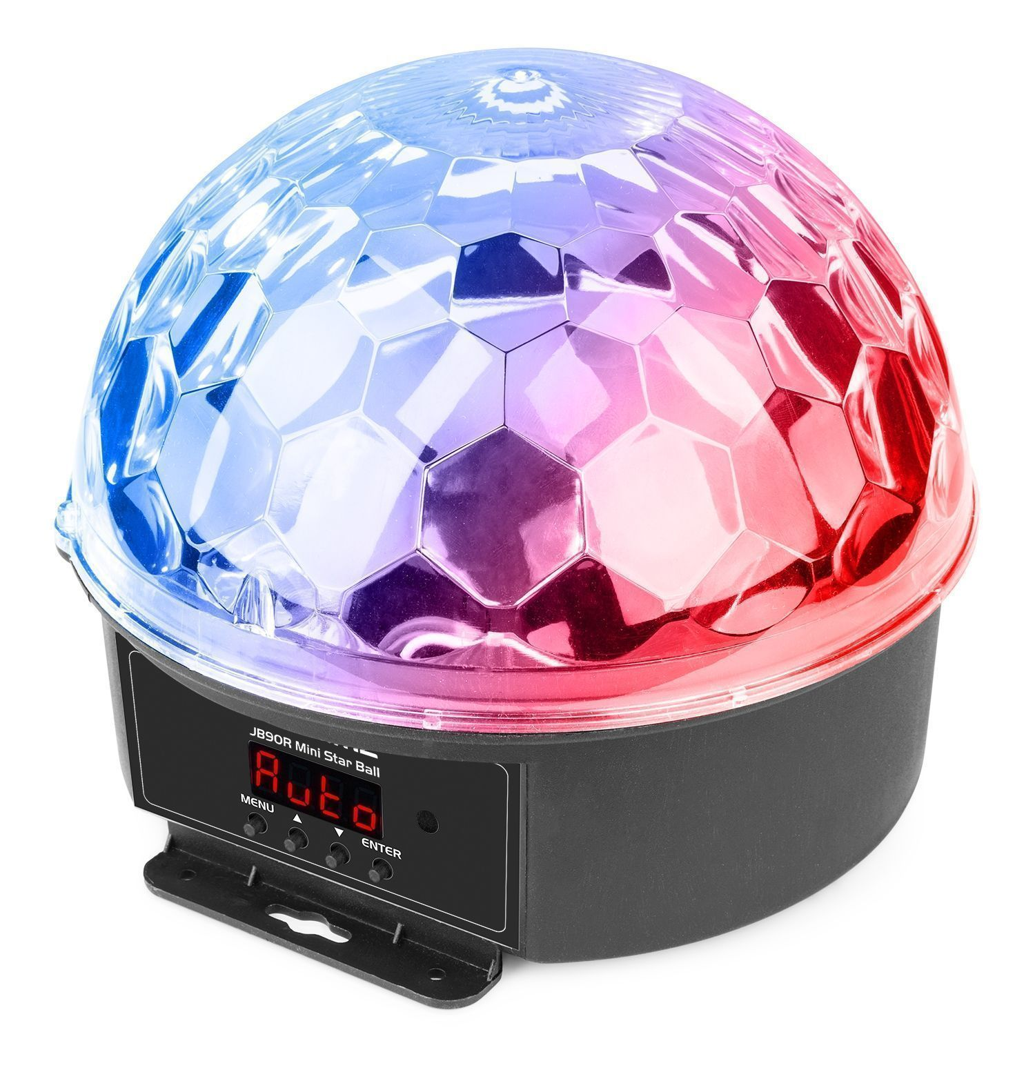 Una bola de discoteca con luces rojas, azules y moradas. Tiene un panel de control.