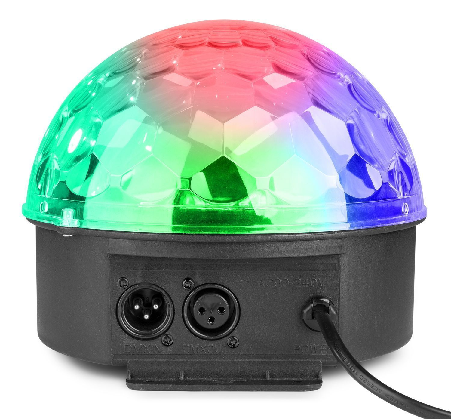 Una luz de bola de discoteca con segmentos rojos, verdes y azules sobre una superficie negra.