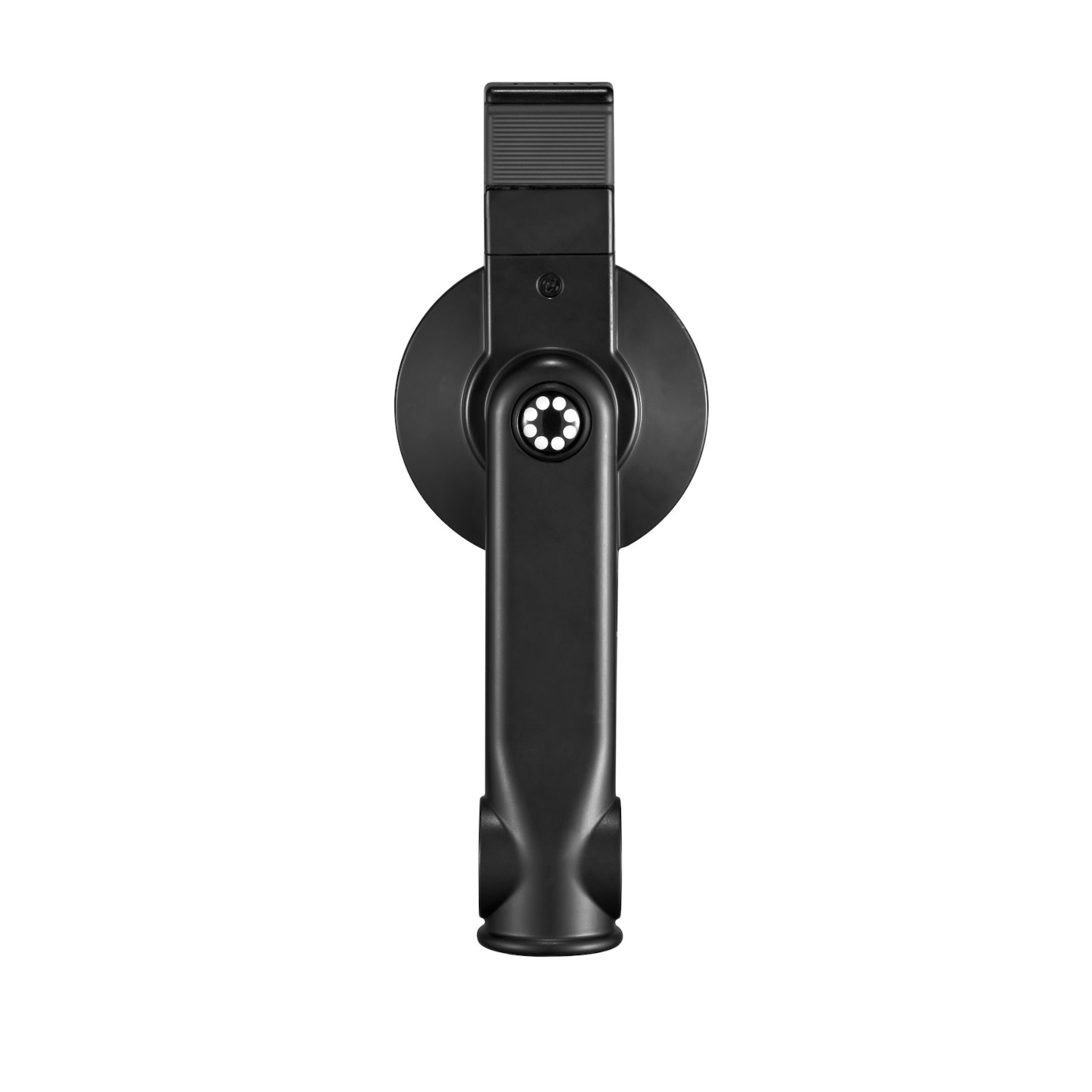 Czarny profesjonalny uchwyt do kamery ze światłami, na białym tle.