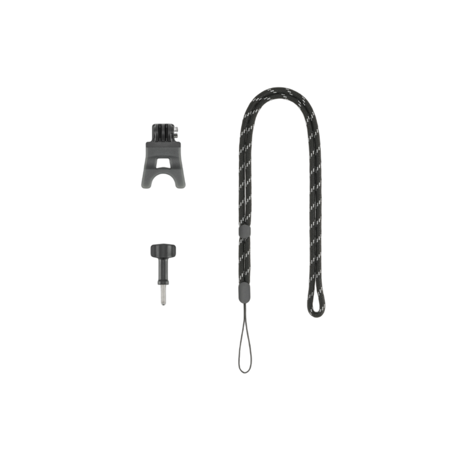 Trzy czarne akcesoria: uchwyt, śruba i sznurek. Wszystko na czarnym tle.