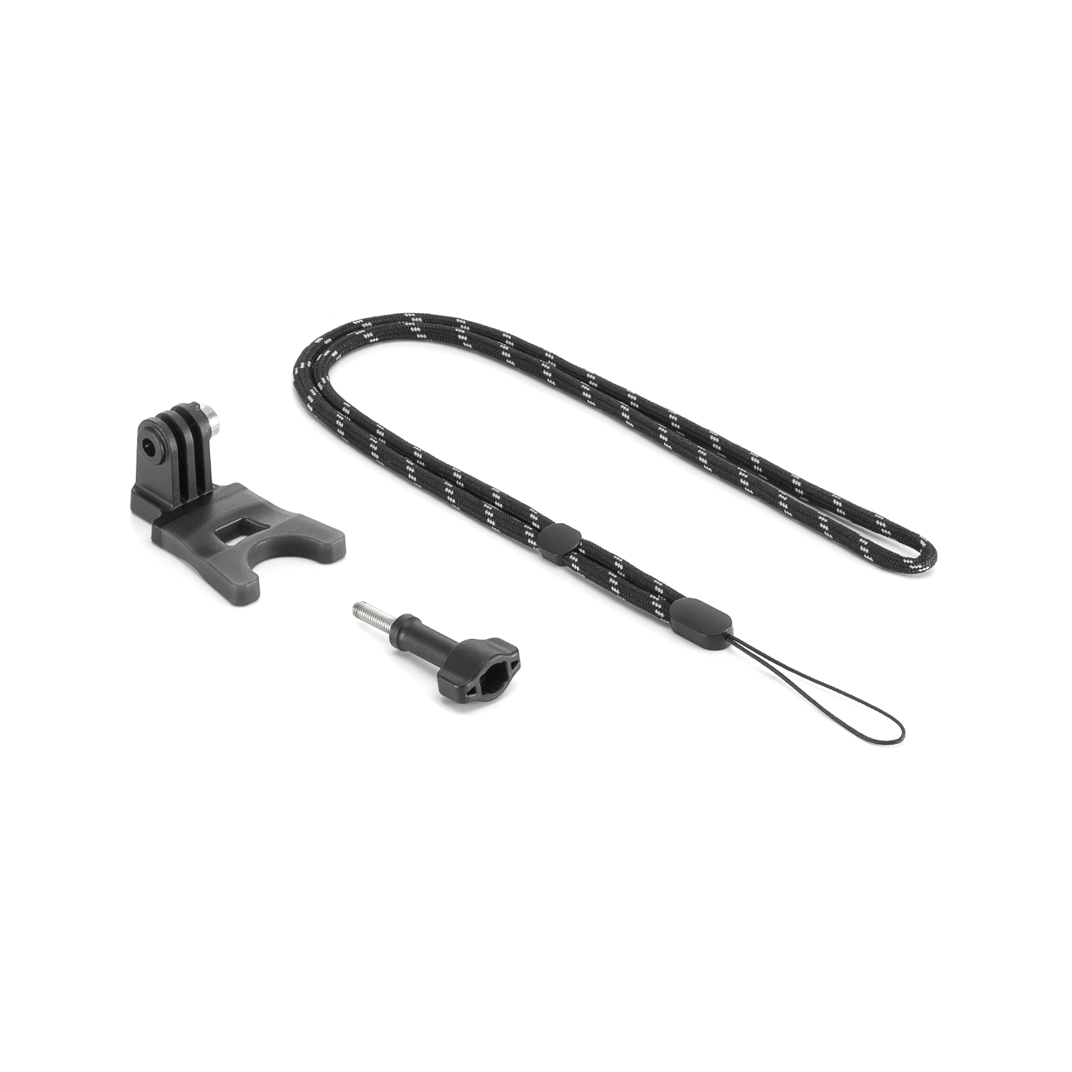 Akcesoria GoPro: mocowanie, śruba i czarno-biała smycz w paski.