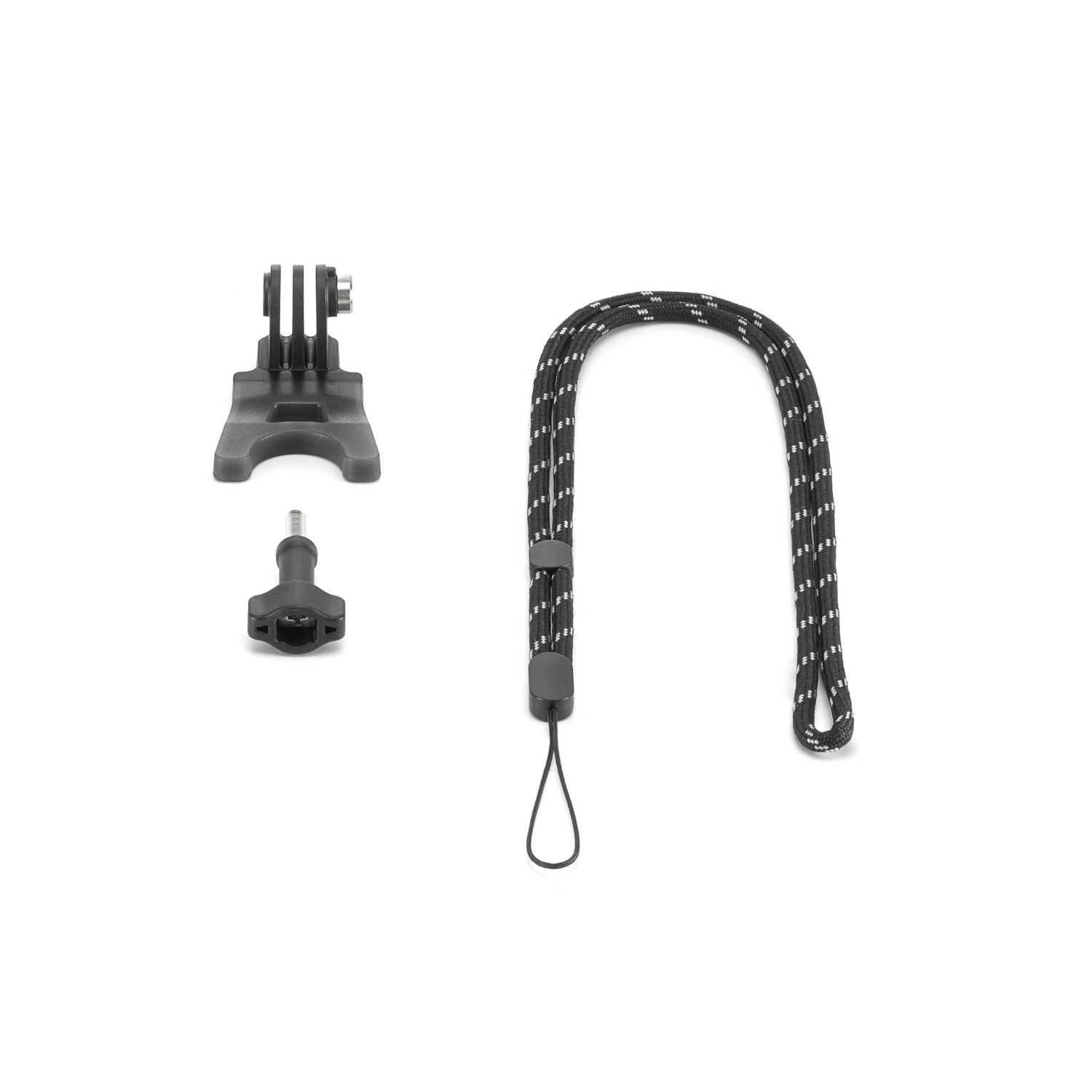 Akcesoria GoPro: mocowanie, śruba i czarno-biały pasek na nadgarstek.