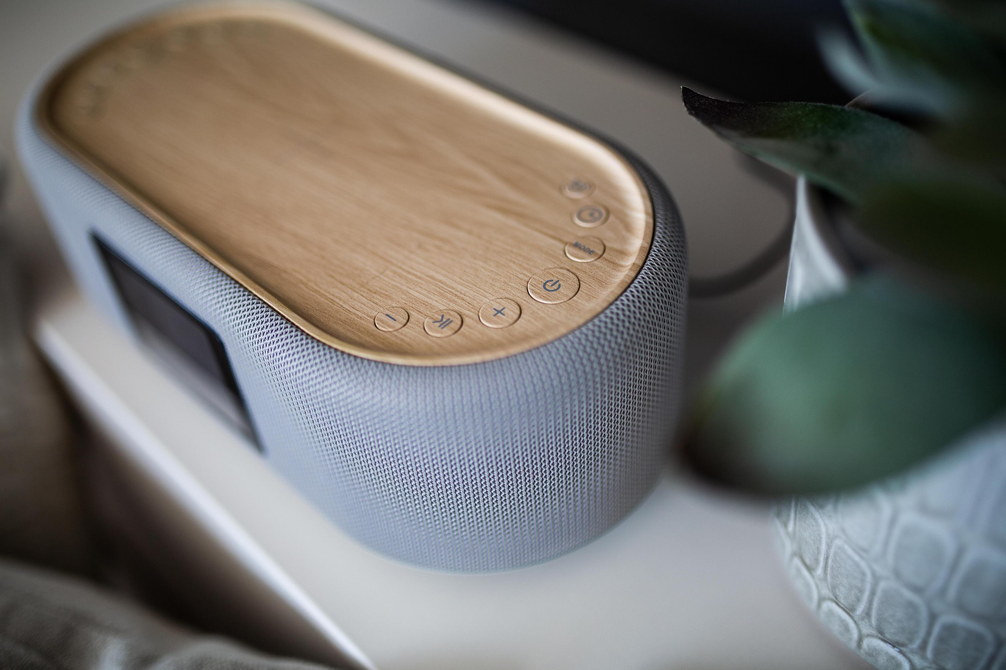 Nahaufnahme eines Lautsprechers mit Holzoberseite und Mesh-Seiten, der auf einer Oberfläche steht.