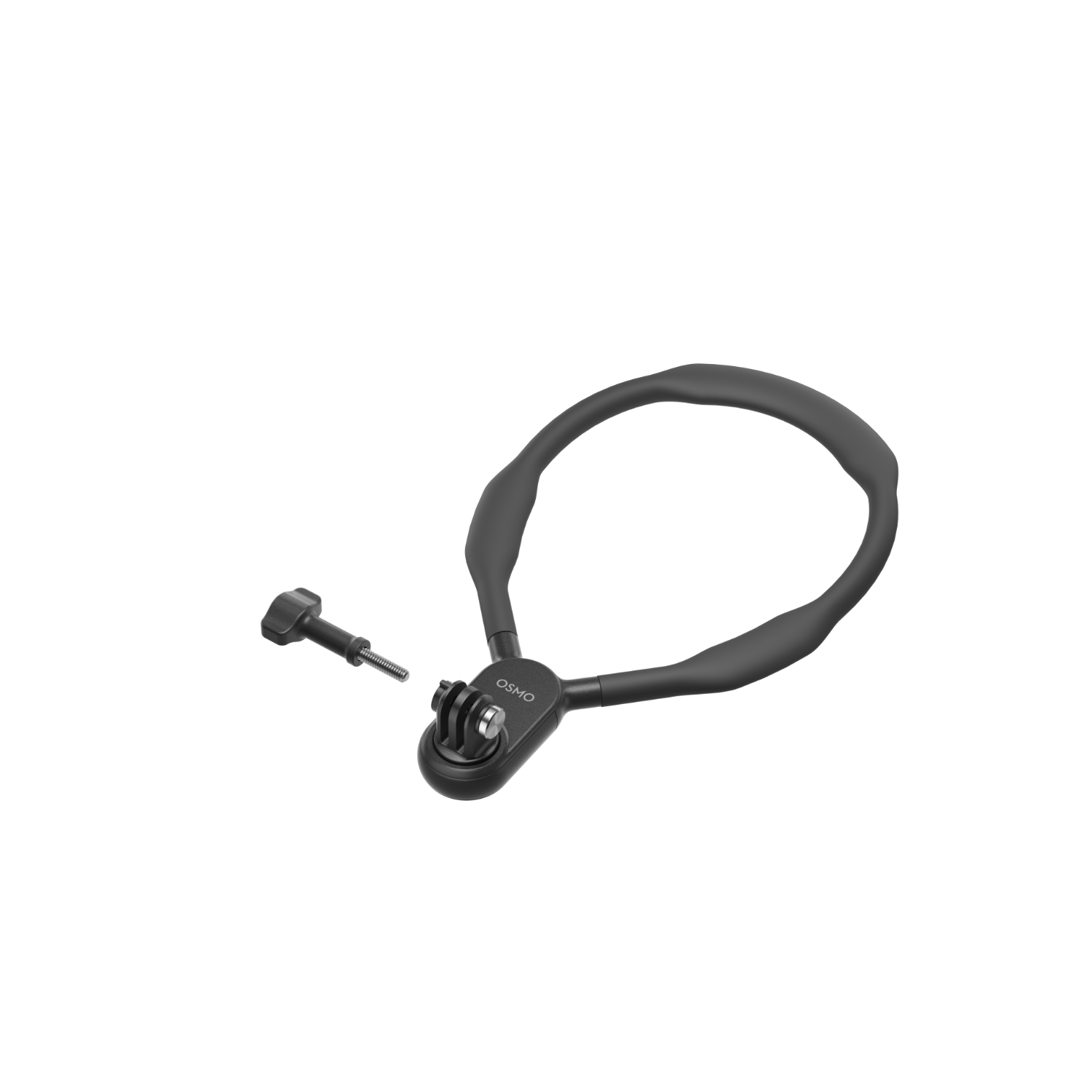 Supporto per collo Osmo nero con vite e supporto per fotocamera, sfondo bianco.