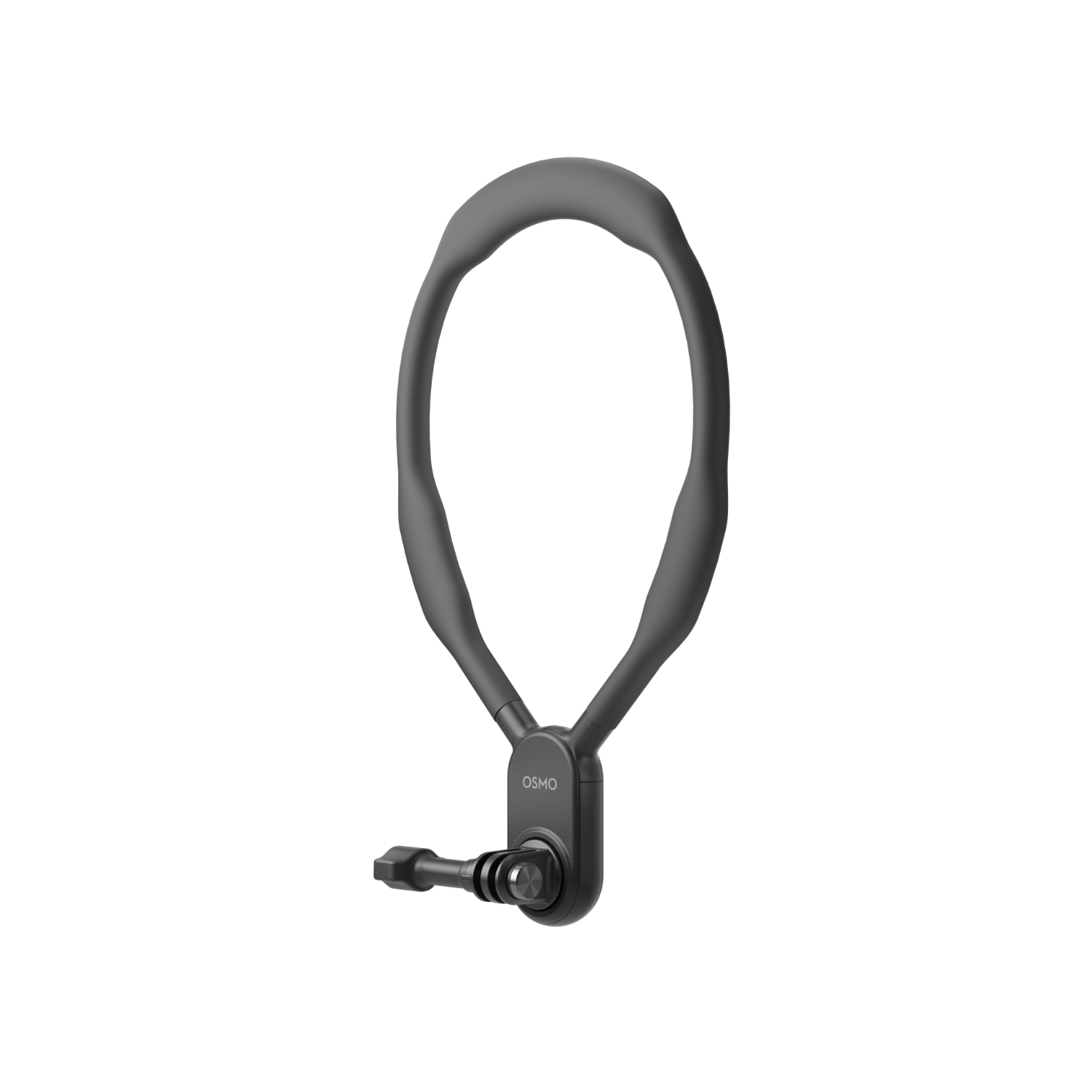 Un supporto per collo Osmo grigio con un supporto per fotocamera nero su sfondo bianco.
