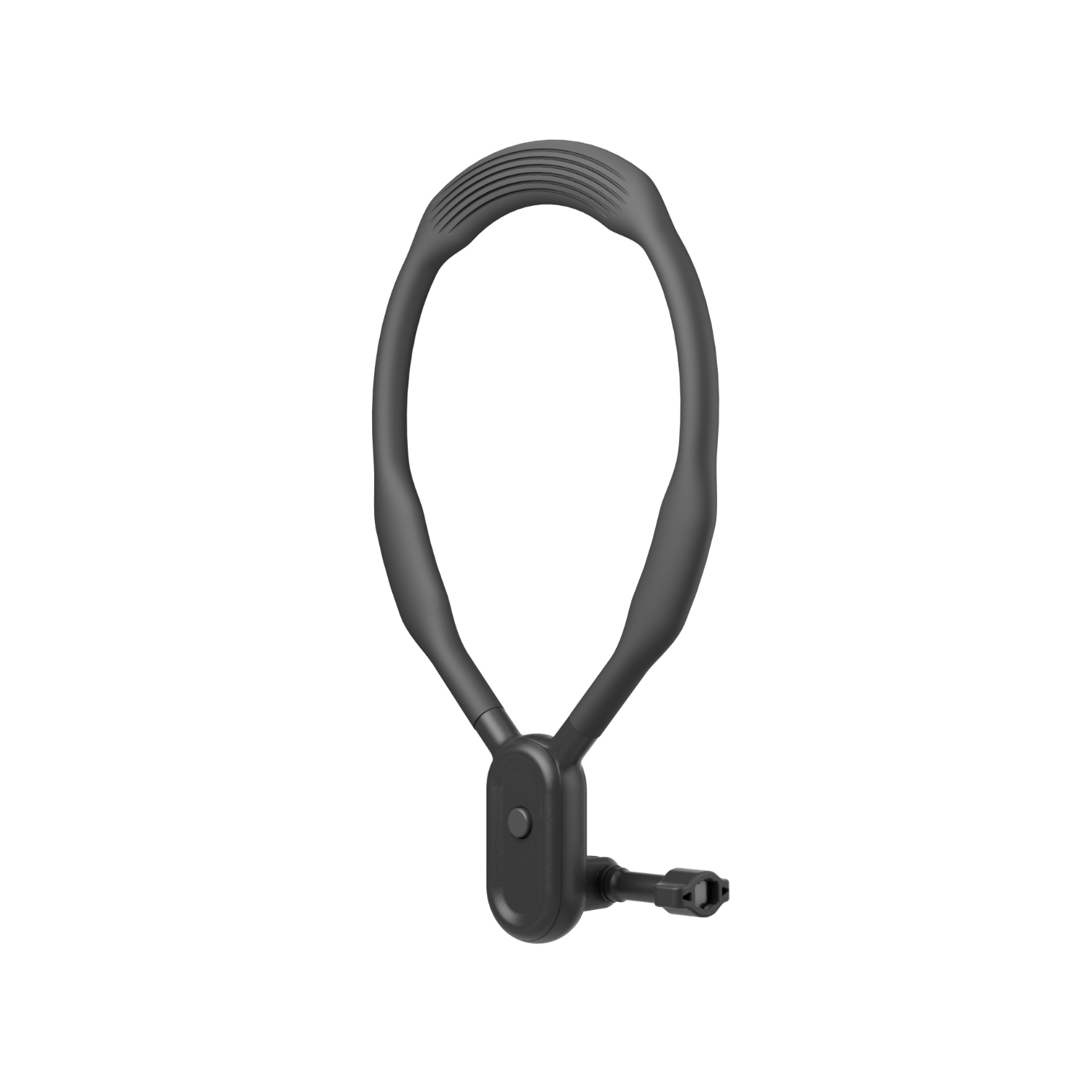 Supporto da collo nero per una fotocamera. Design flessibile, con pulsante e vite.