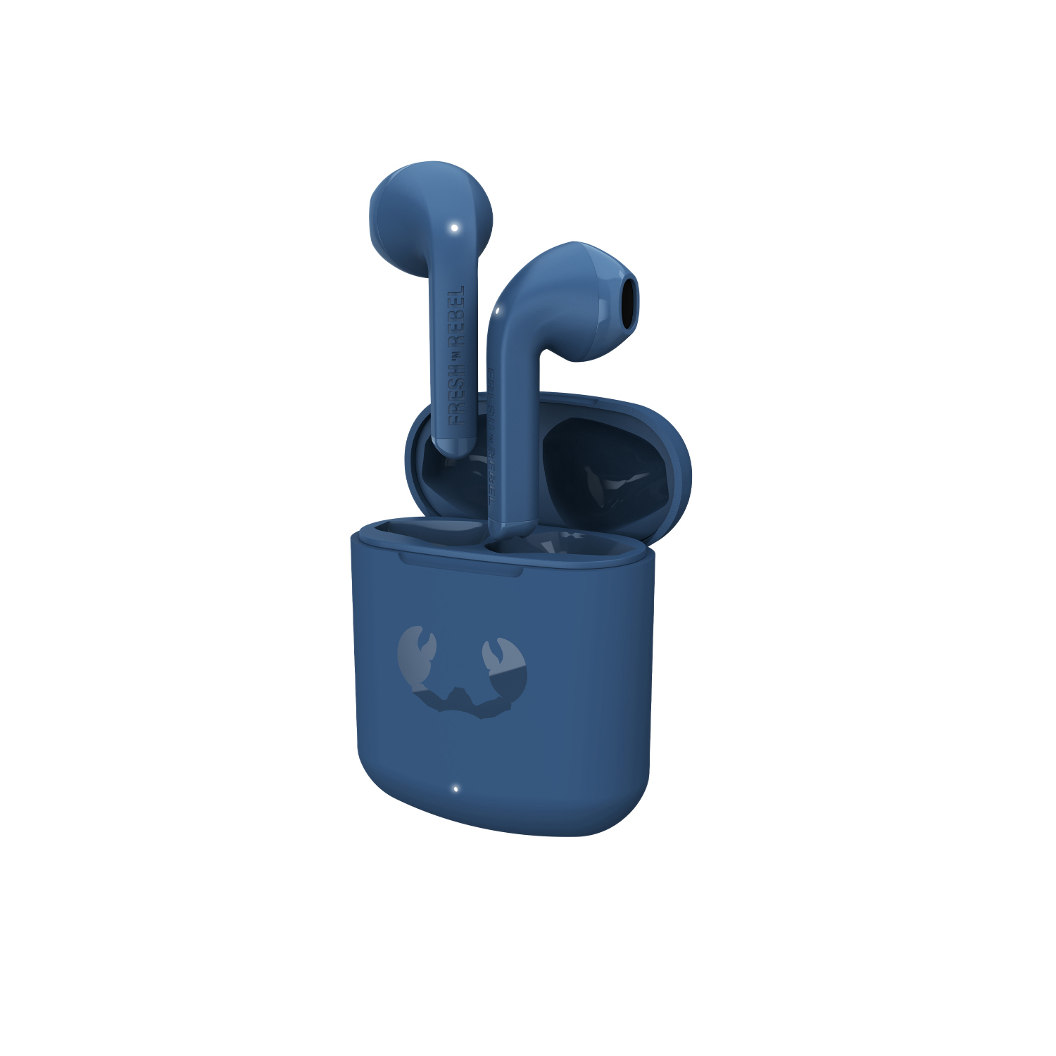 Niebieskie bezprzewodowe słuchawki douszne i etui ładujące. Etui ma logo kraba.