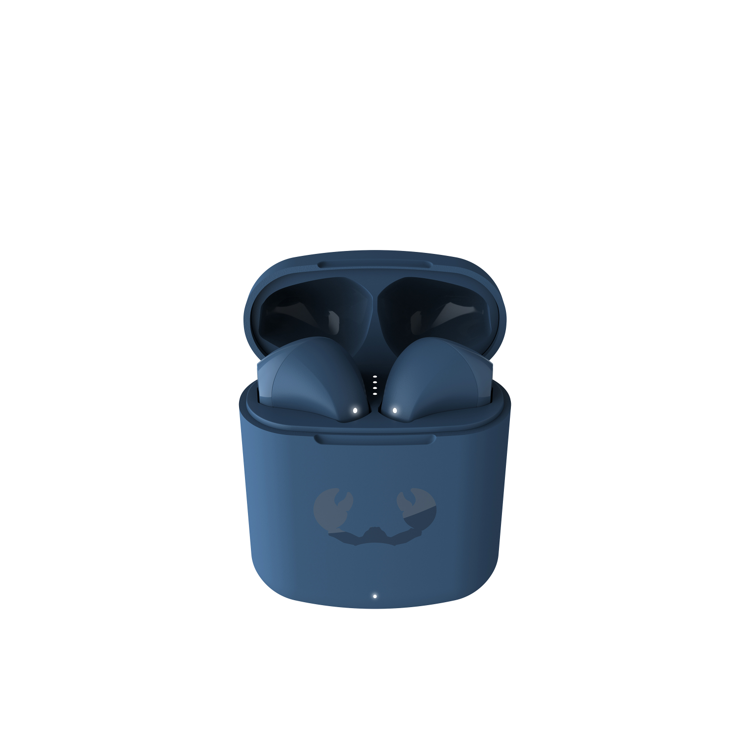 Niebieskie słuchawki w etui. Etui ma logo kraba. Słuchawki są otwarte.