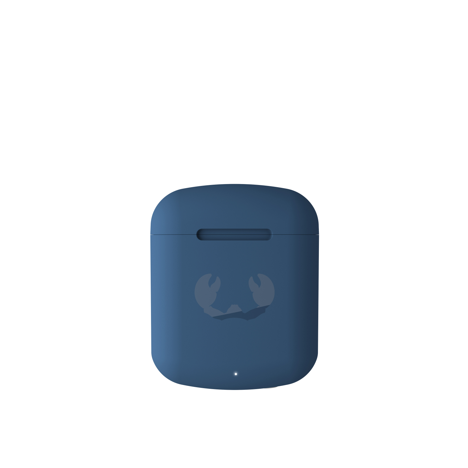 Niebieskie etui AirPods z logo kraba. Tło jest białe.