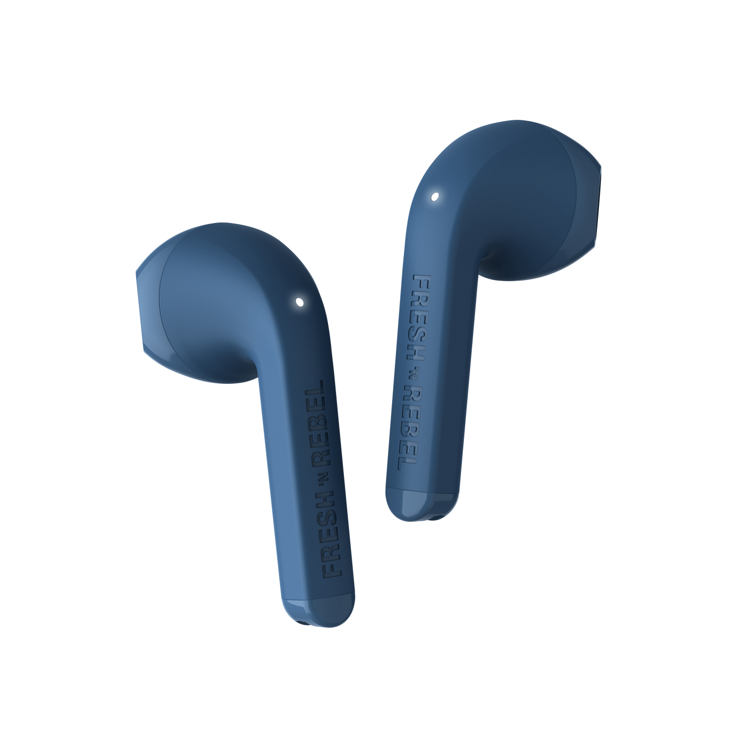 Dwa niebieskie bezprzewodowe słuchawki. Tekst 'Fresh 'n Rebel' na łodydze.