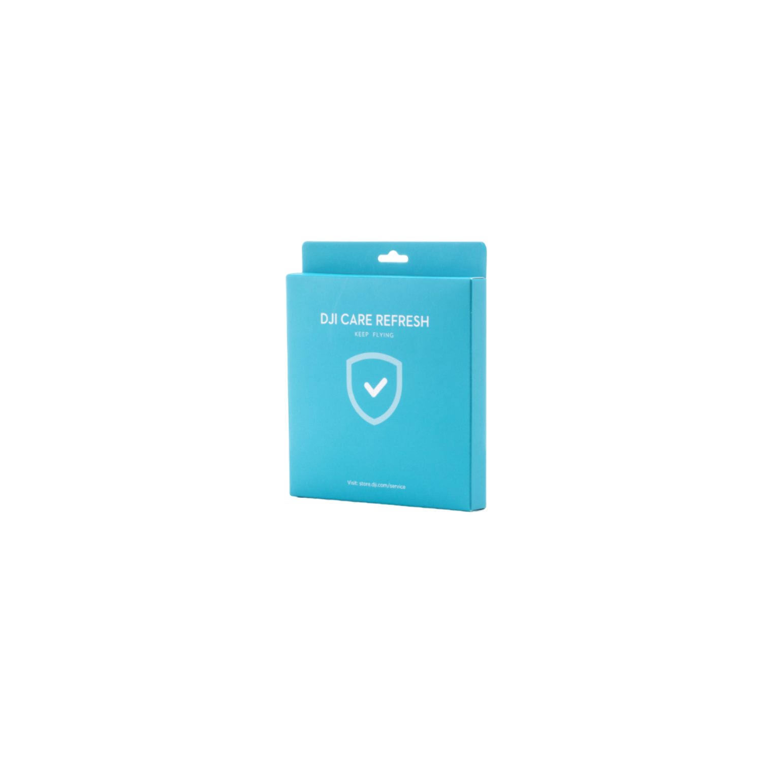 Boîte bleue DJI Care Refresh avec une coche blanche sur un bouclier bleu.