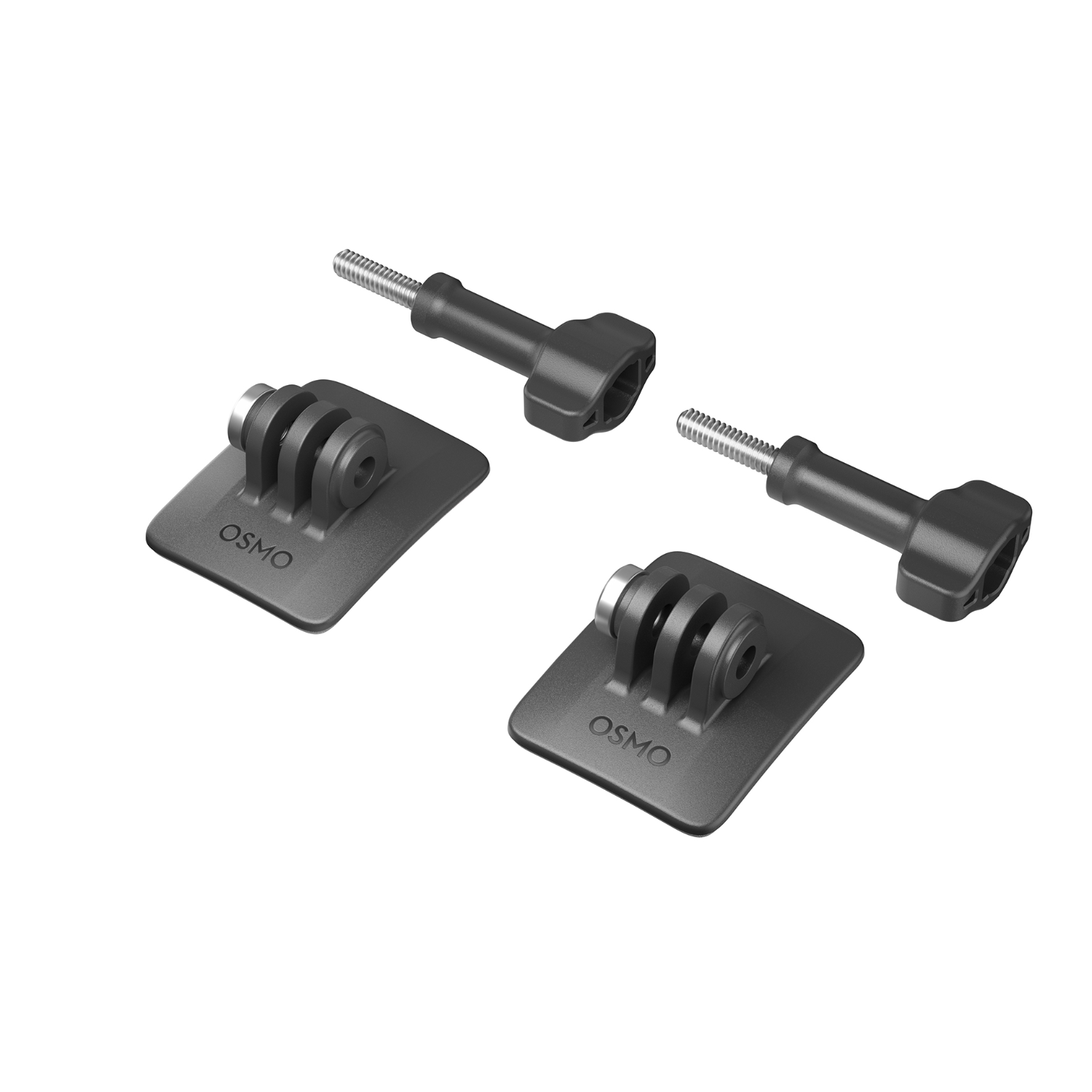 Drie zwarte Osmo action camera mounts op een witte achtergrond.