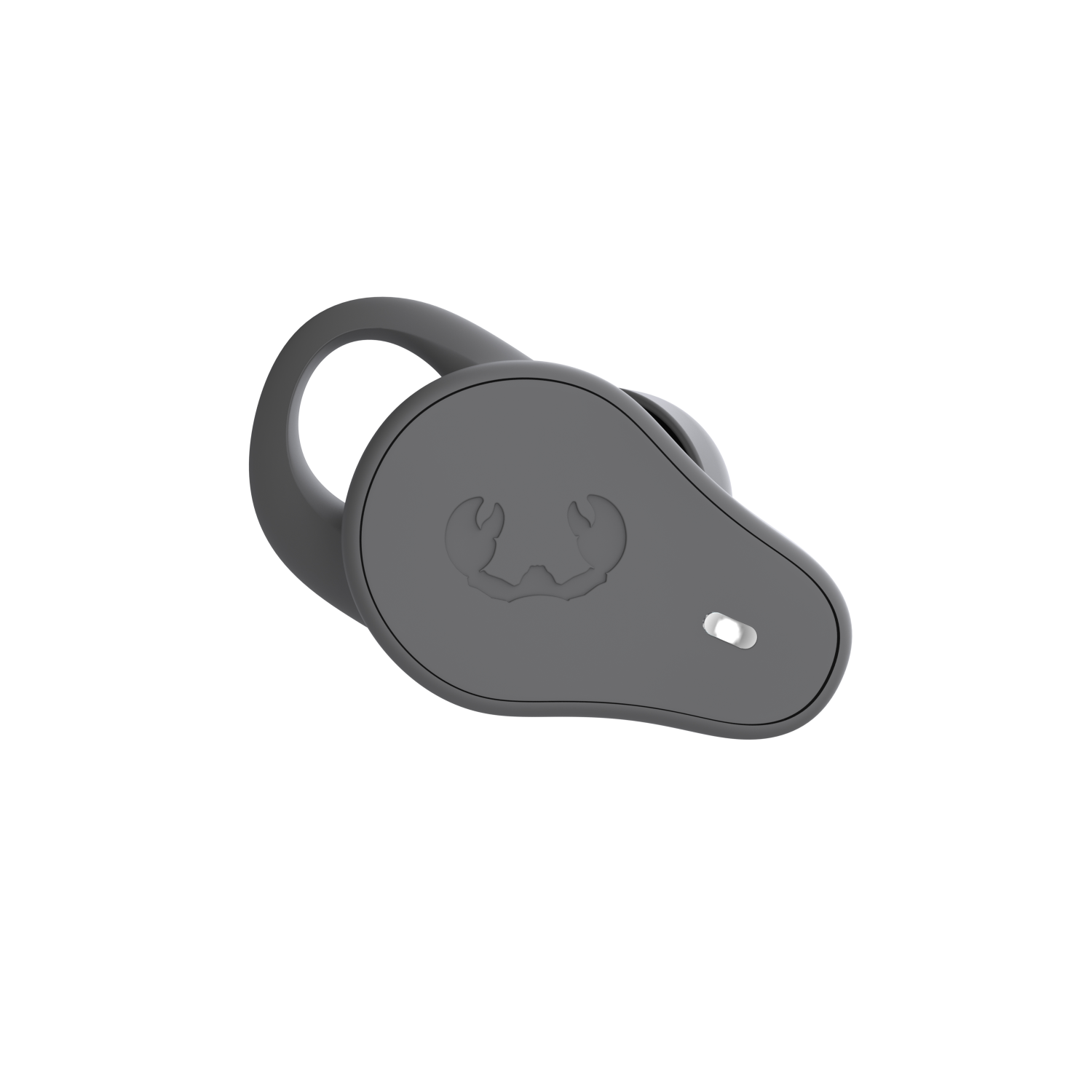 Grauer kabelloser Ohrhörer mit gebogenem Haken-Design. Es hat ein Logo auf der Außenseite und einen weißen Punkt.