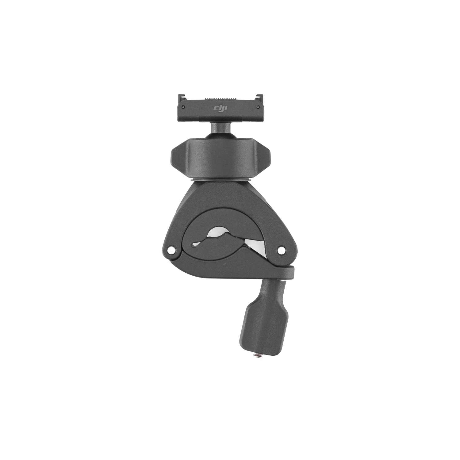 Soporte de dron negro con clip para teléfono y articulaciones ajustables. Fondo negro.