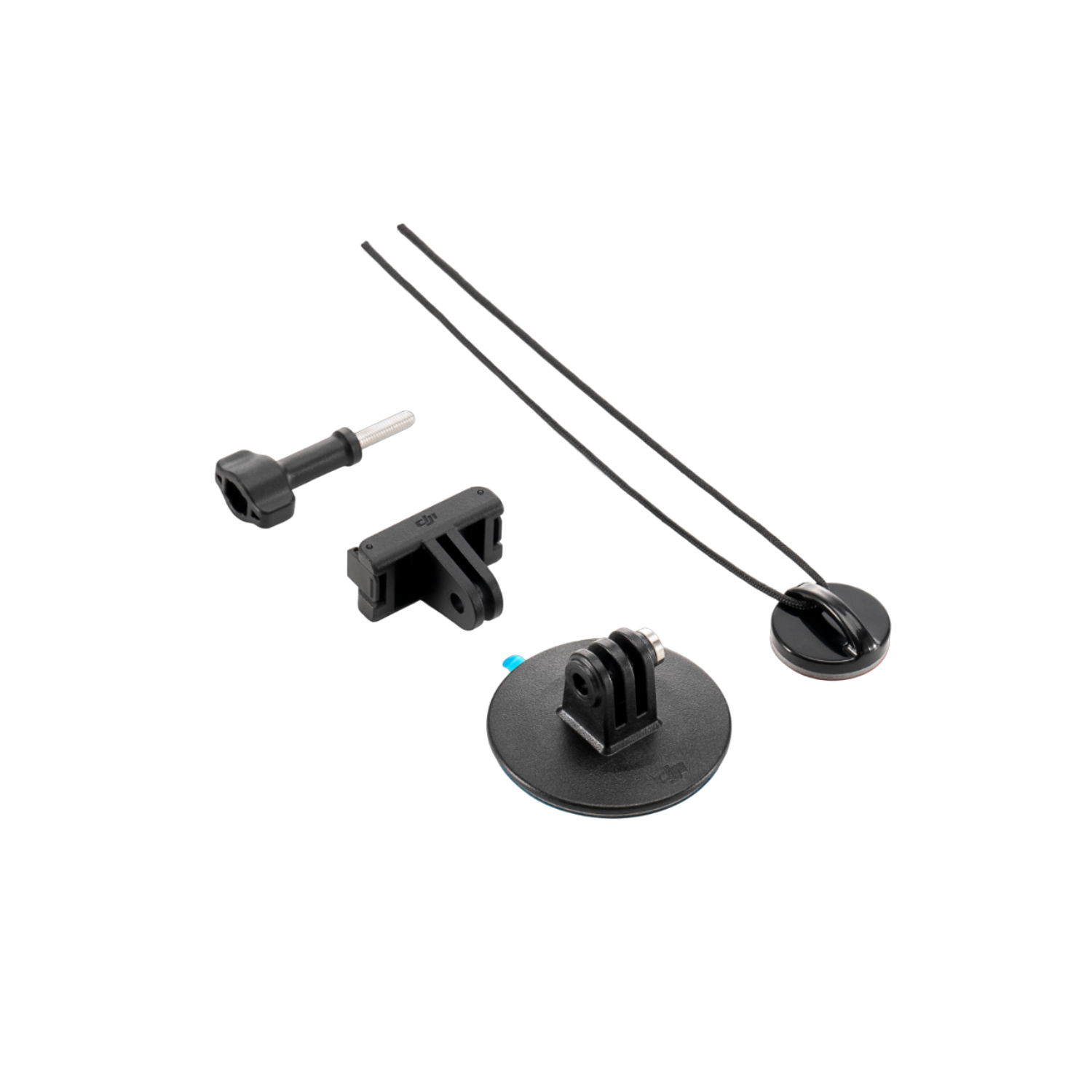Accessori neri per fotocamera: supporto, adattatore e ventosa con cordino.