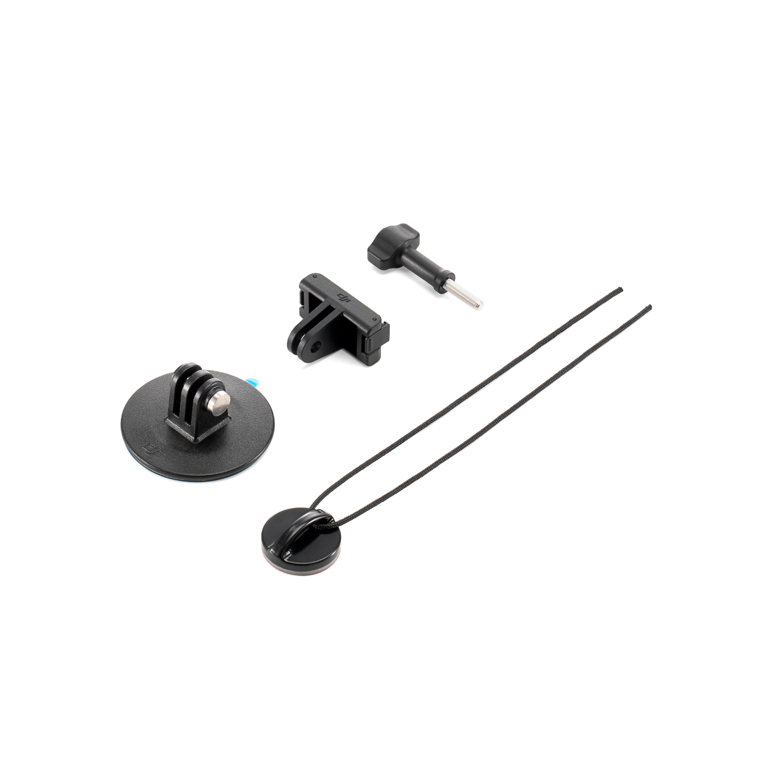 Accessori per fotocamere: supporto, connettore, vite e cordino con ciondolo circolare.