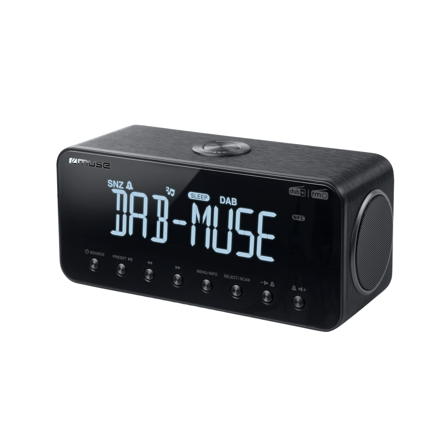 Zwarte DAB-Muse digitale radio met display. Het display toont DAB-MUSE in witte tekst.