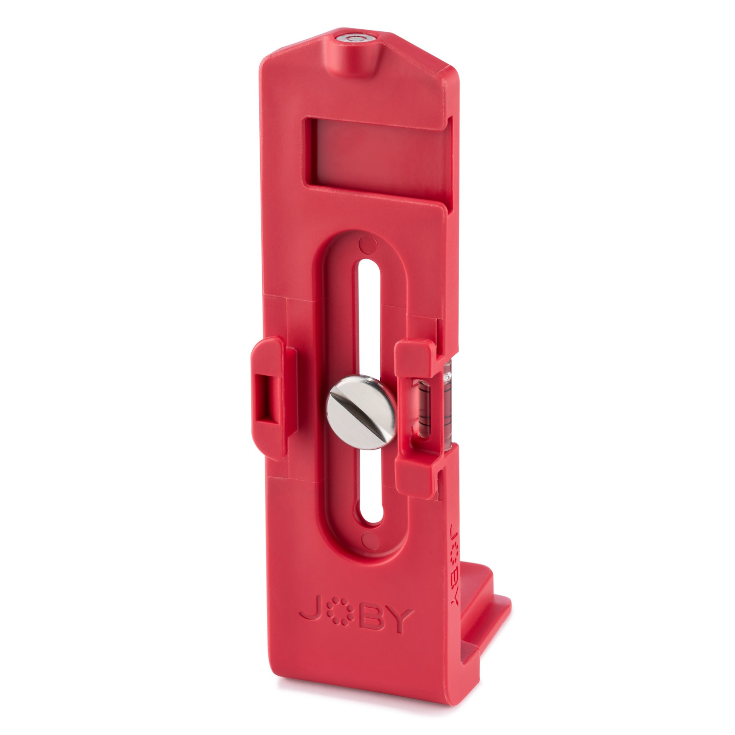 Staffa rossa per fotocamera con vite e indicatore di livello, testo 'JOBY'.