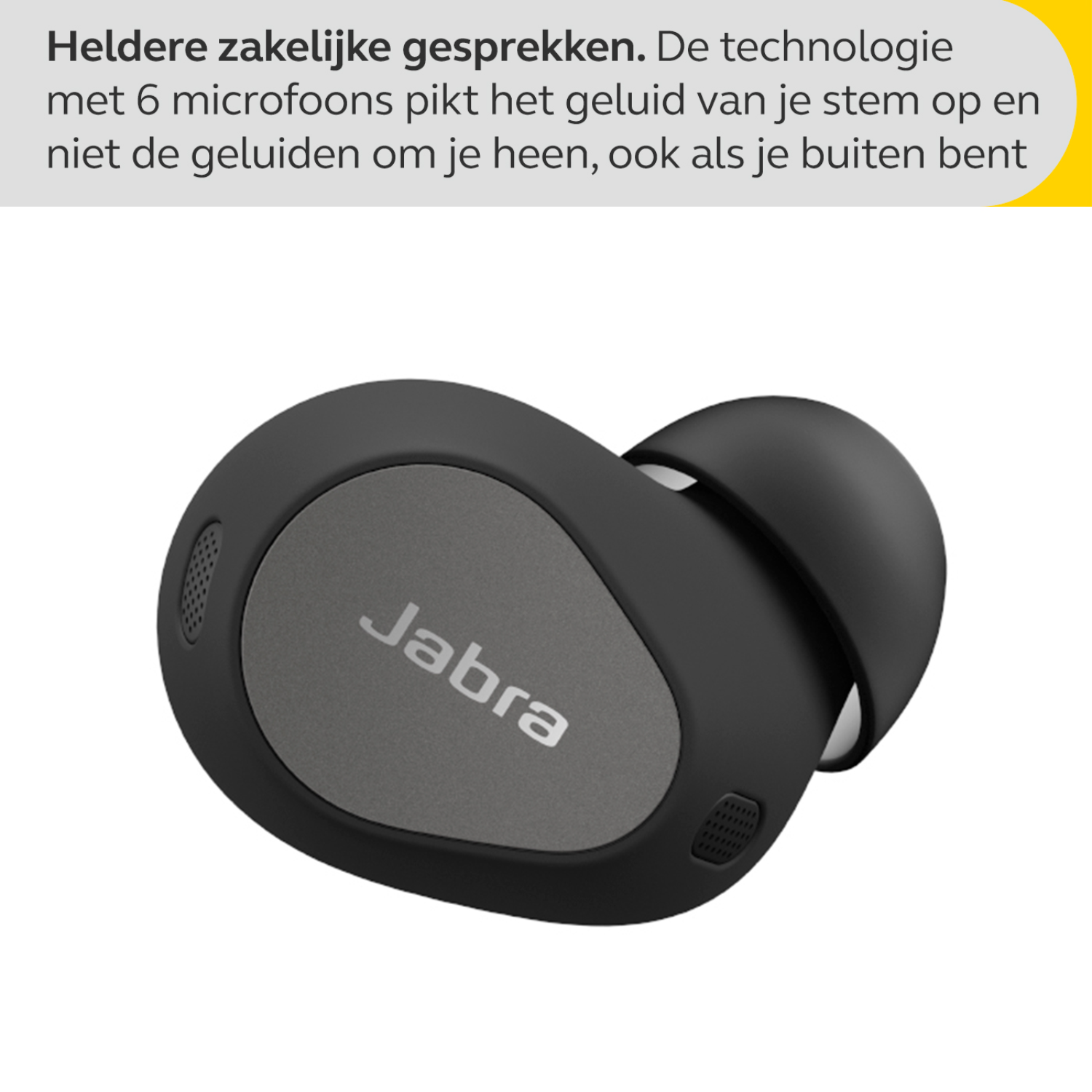 Czarny douszny Jabra z szarą metalową płytką na białym tle z tekstem.