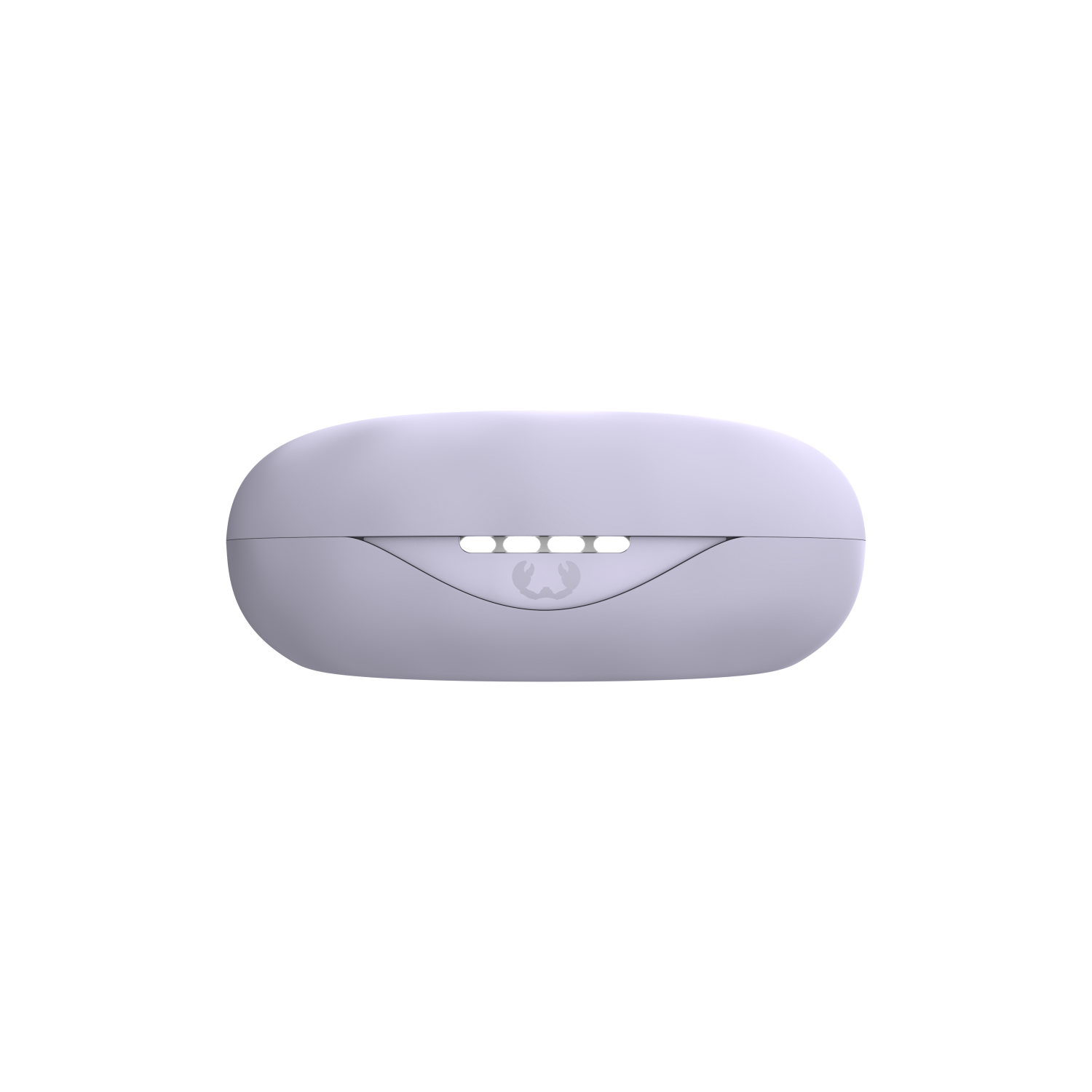 Ovale, lavendelfarbene Kopfhörerhülle mit Logo, auf weißem Hintergrund.