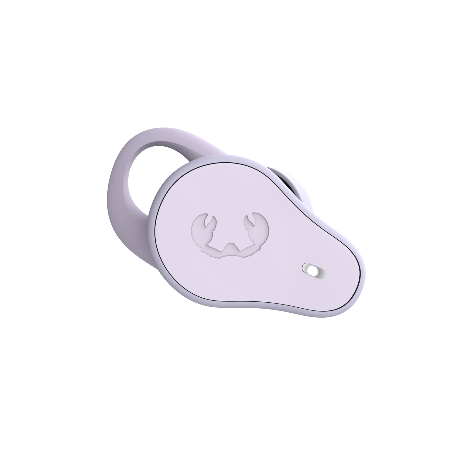 Ein Ohrhörer, helllila mit einem Krabbenlogo. Er ist vor einem schwarzen Hintergrund isoliert.