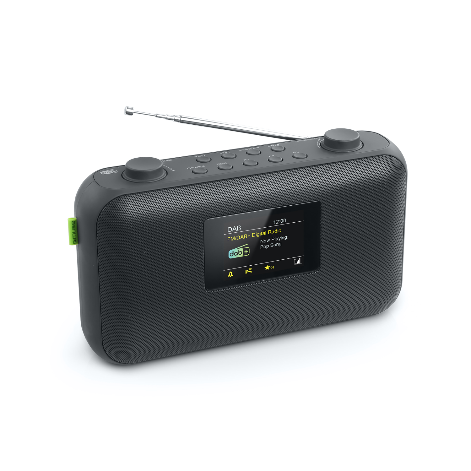 Ein schwarzes Digitalradio mit Bildschirm, Knöpfen und grünem Etikett. Weißer Hintergrund.