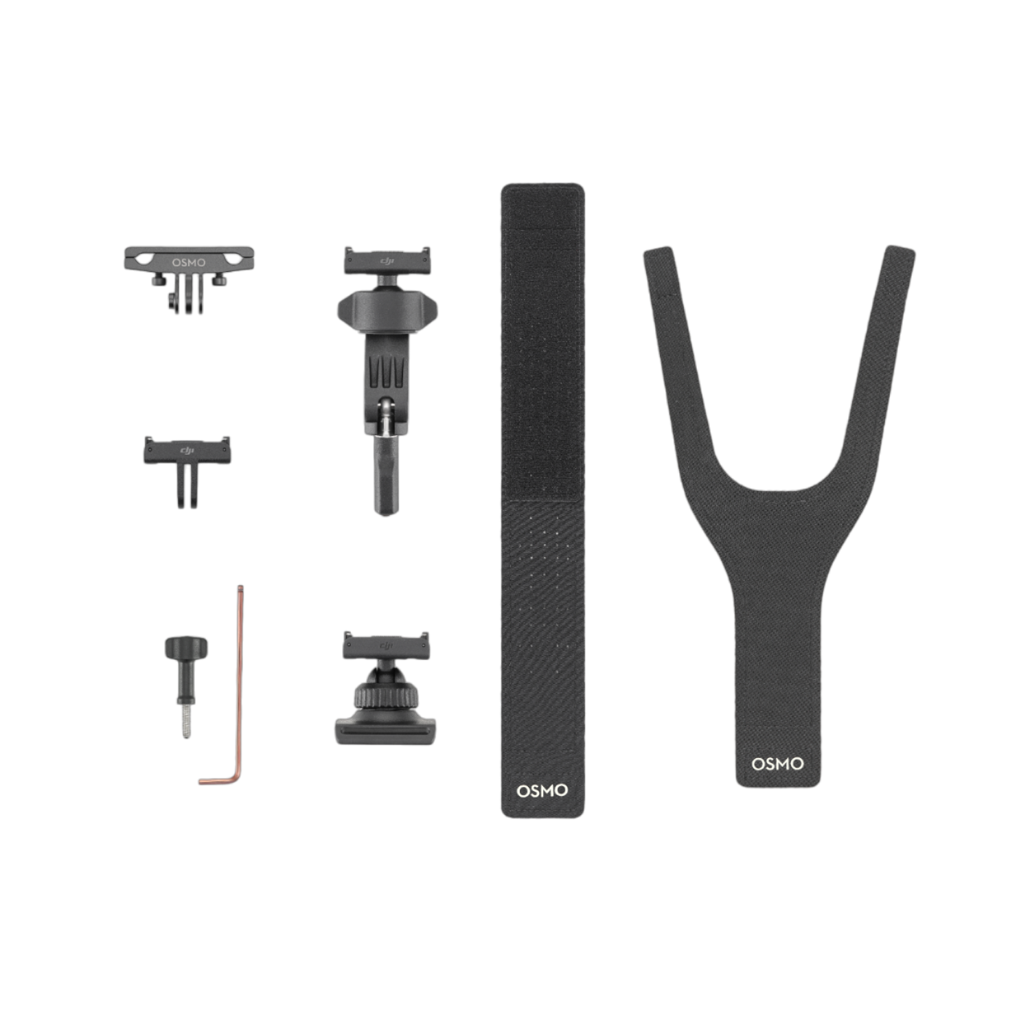 Akcesoria do mocowania kamery DJI Osmo. Zawiera różne uchwyty, pasek i wspornik w kształcie litery Y.