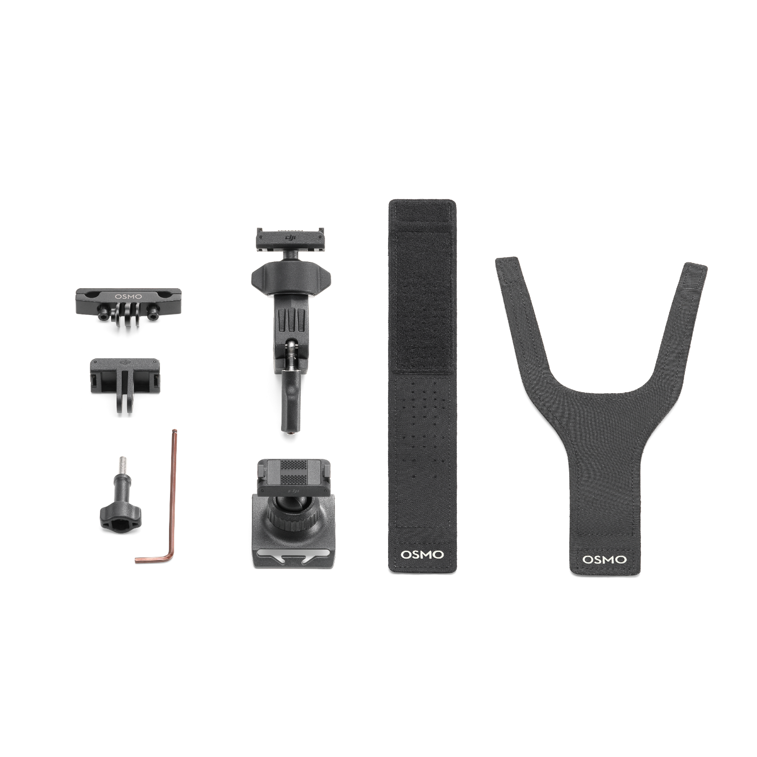 Akcesoria do kamery DJI Osmo. Zawiera mocowania, pasek i inne elementy, wszystko czarne.
