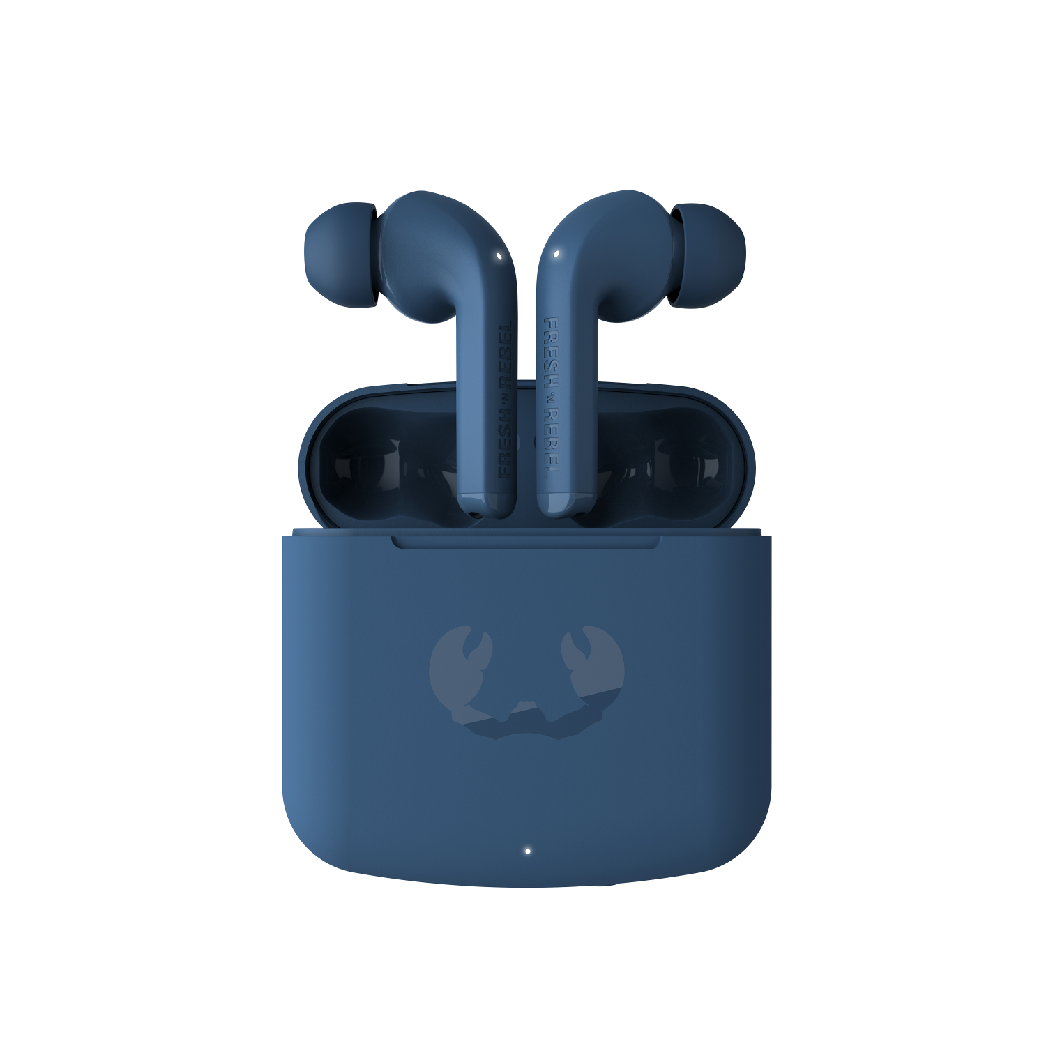 Blaue kabellose Ohrhörer in einem Case, mit Krabbenlogo, auf weißem Hintergrund.