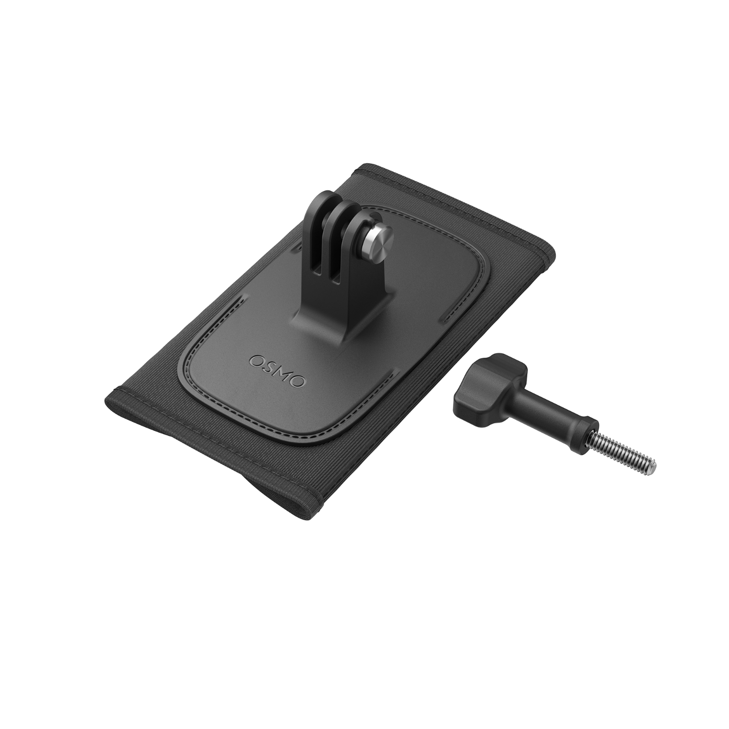 Supporto Osmo nero con cinturino nero e vite su sfondo bianco.