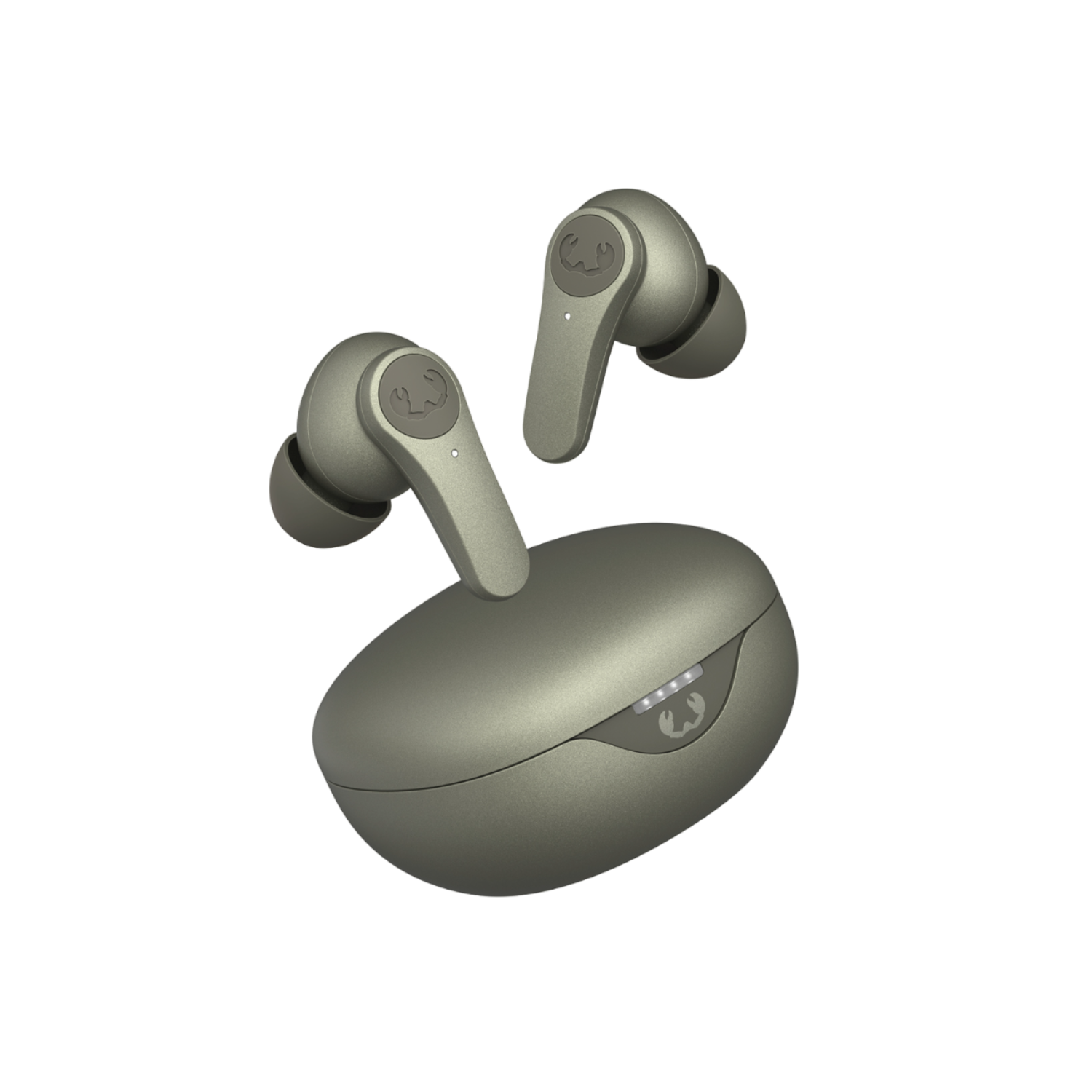 Oliwkowe słuchawki i etui ładujące. Etui ma logo kraba i światła.