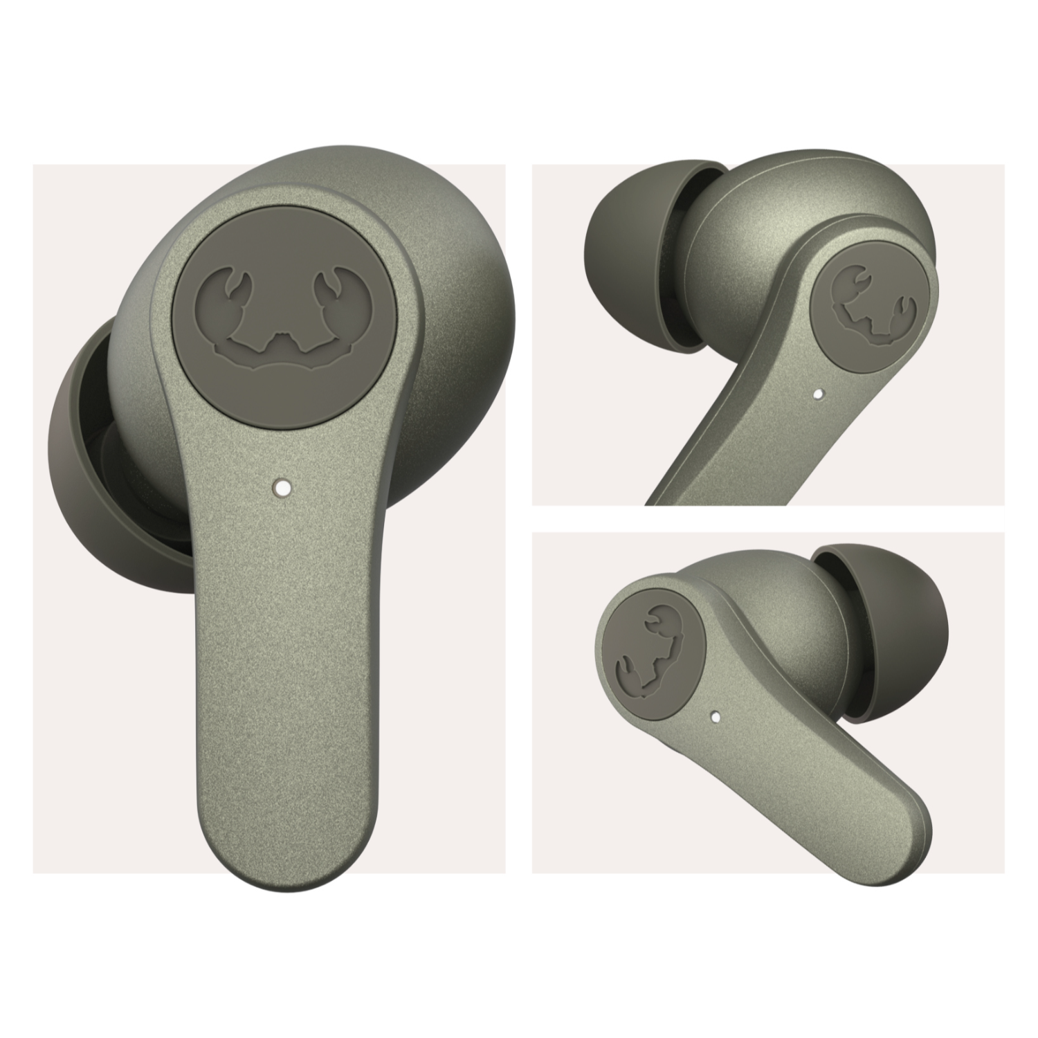 Trzy widoki zielonych słuchawek na białym tle.