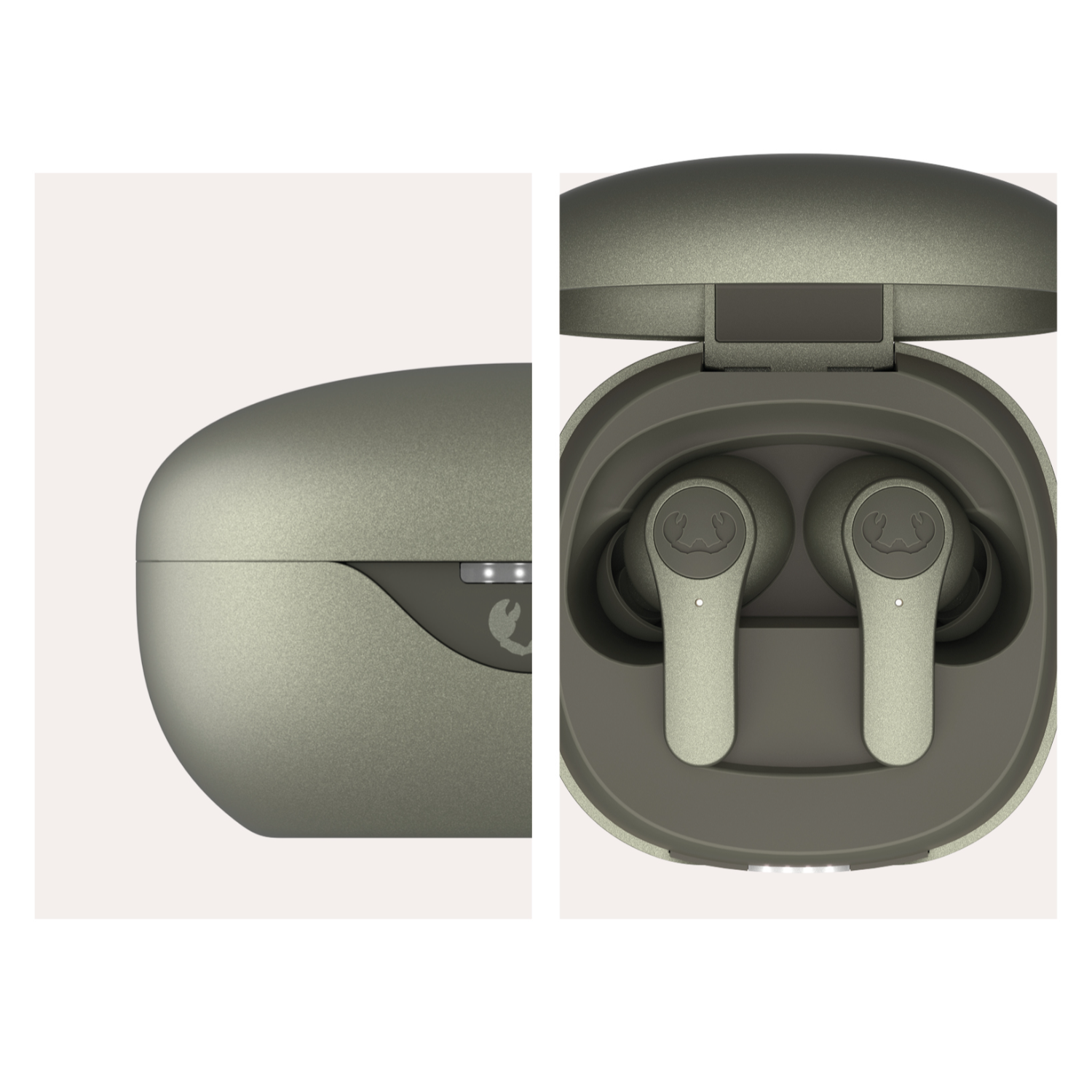 Obraz dwuczęściowy. Po lewej: Zamknięte oliwkowozielone etui na słuchawki. Po prawej: Otwarte etui ze słuchawkami. Beżowe tło.