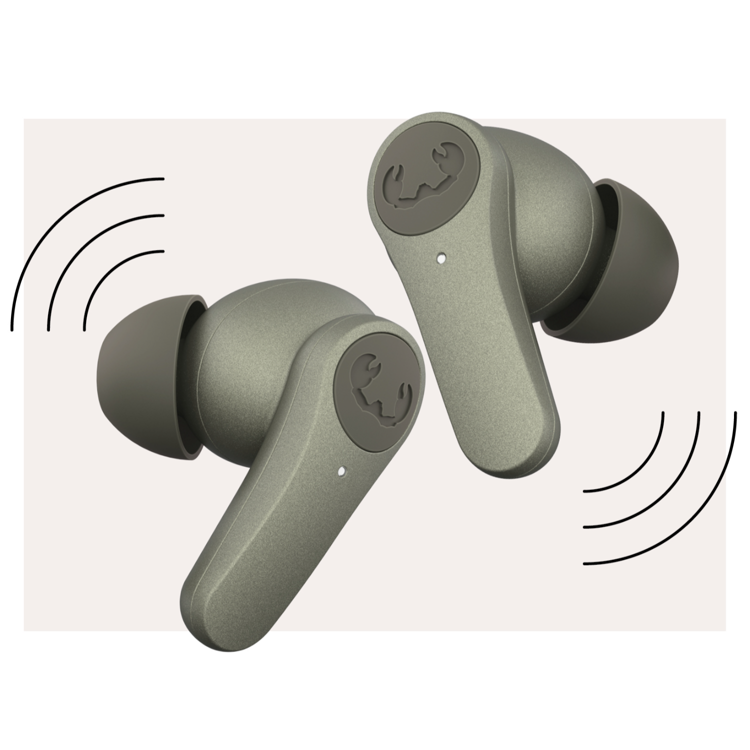 Dwa oliwkowozielone słuchawki z logo. Fale dźwiękowe w tle.