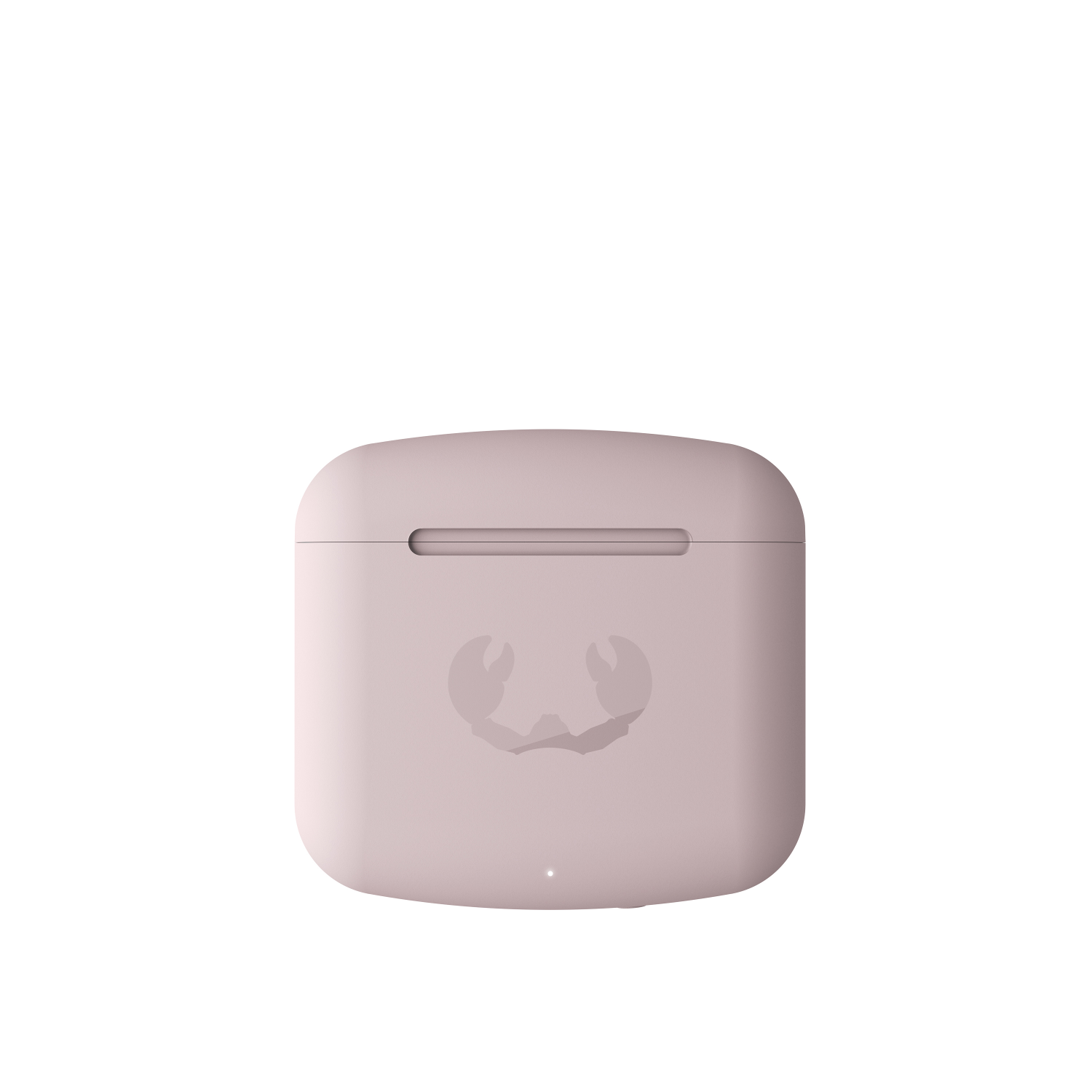 Ein hellrosa AirPods-Case mit Krabbenlogo auf weißem Hintergrund.