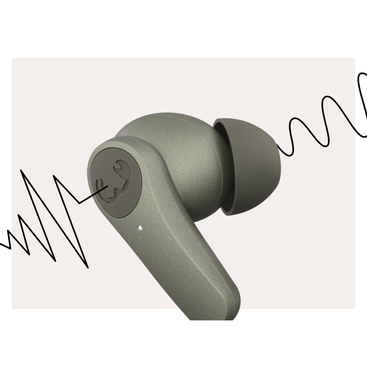 Zbliżenie oliwkowo-zielonej słuchawki z symbolem fali. Czarna linia symbolizuje dźwięk.