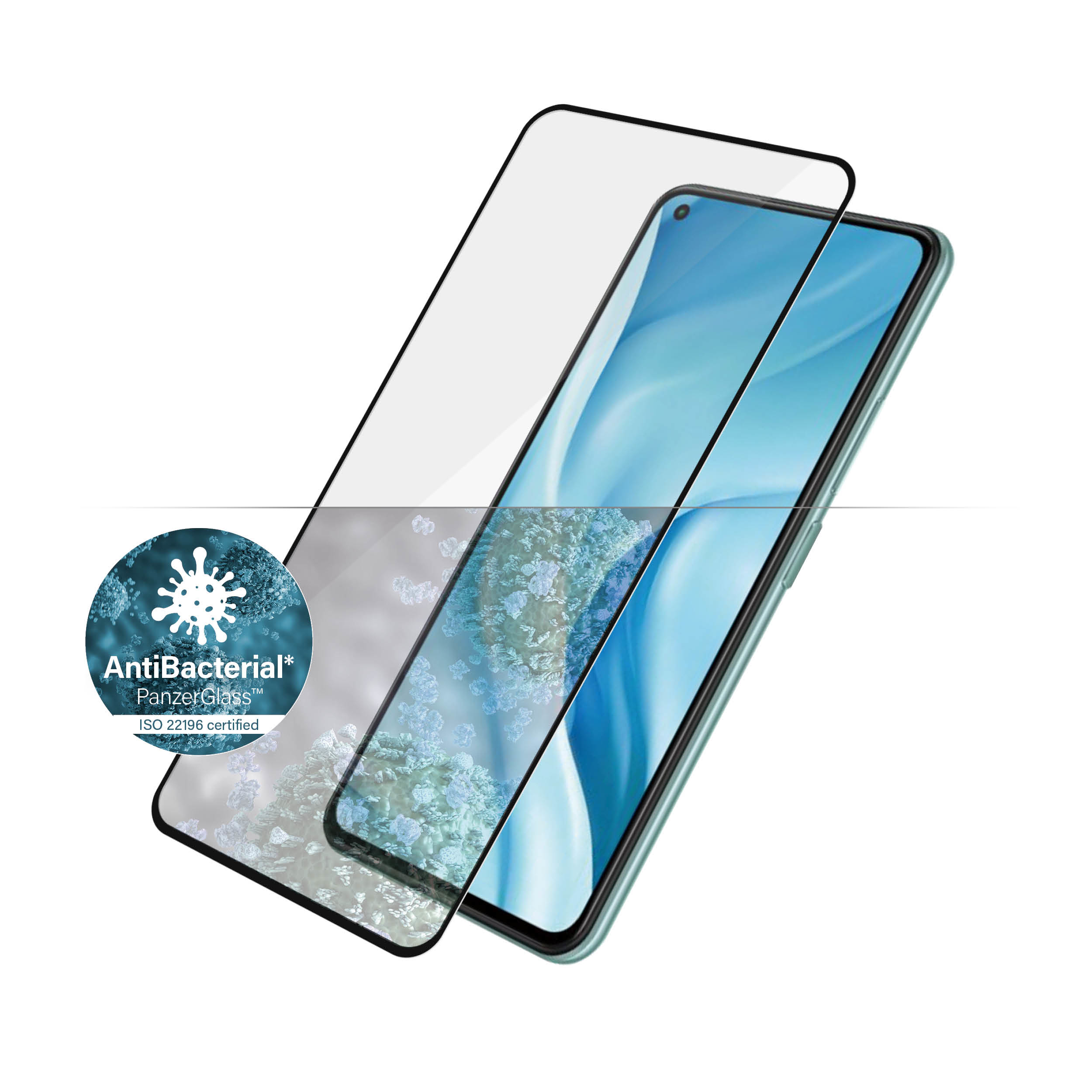 Uno smartphone con protezione schermo e una sovrapposizione trasparente. La protezione ha il logo del marchio.