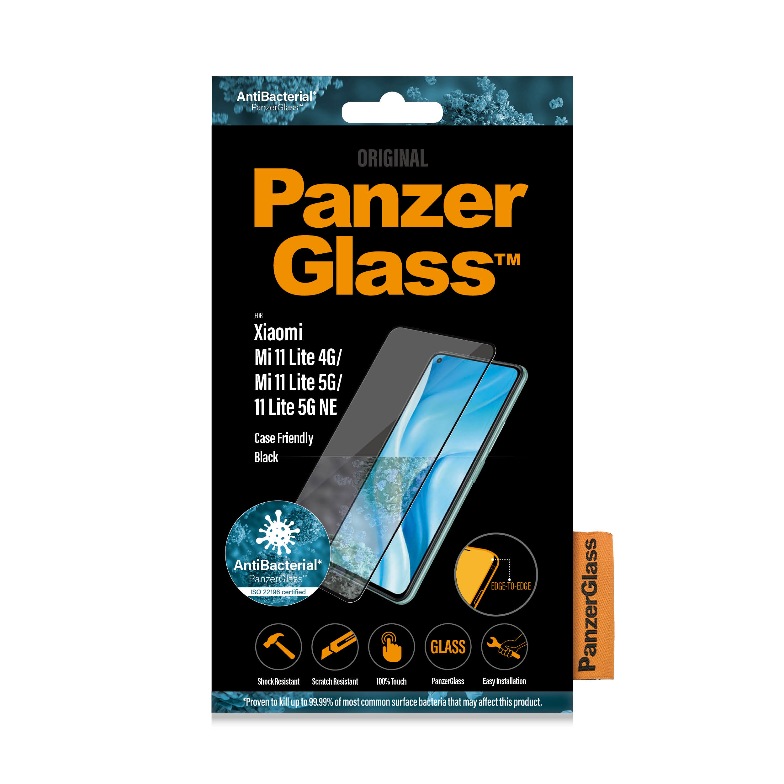 Scatola di protezione schermo PanzerGlass per Xiaomi Mi 11 Lite. Mostra la protezione schermo e un telefono. Testo: Da bordo a bordo.