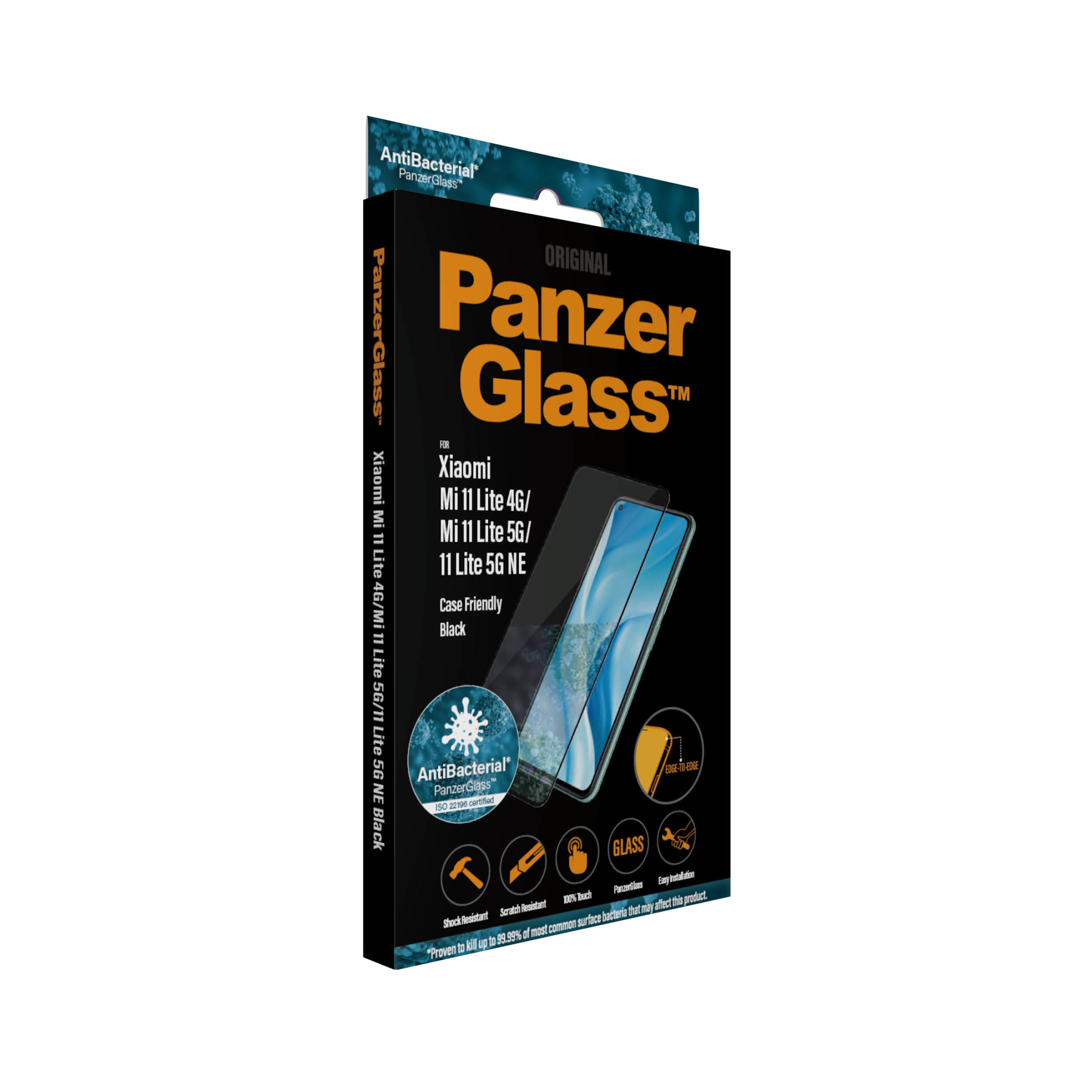 Scatola con protezione schermo PanzerGlass per telefoni Xiaomi. Colore nero, antibatterico, resistente agli urti.