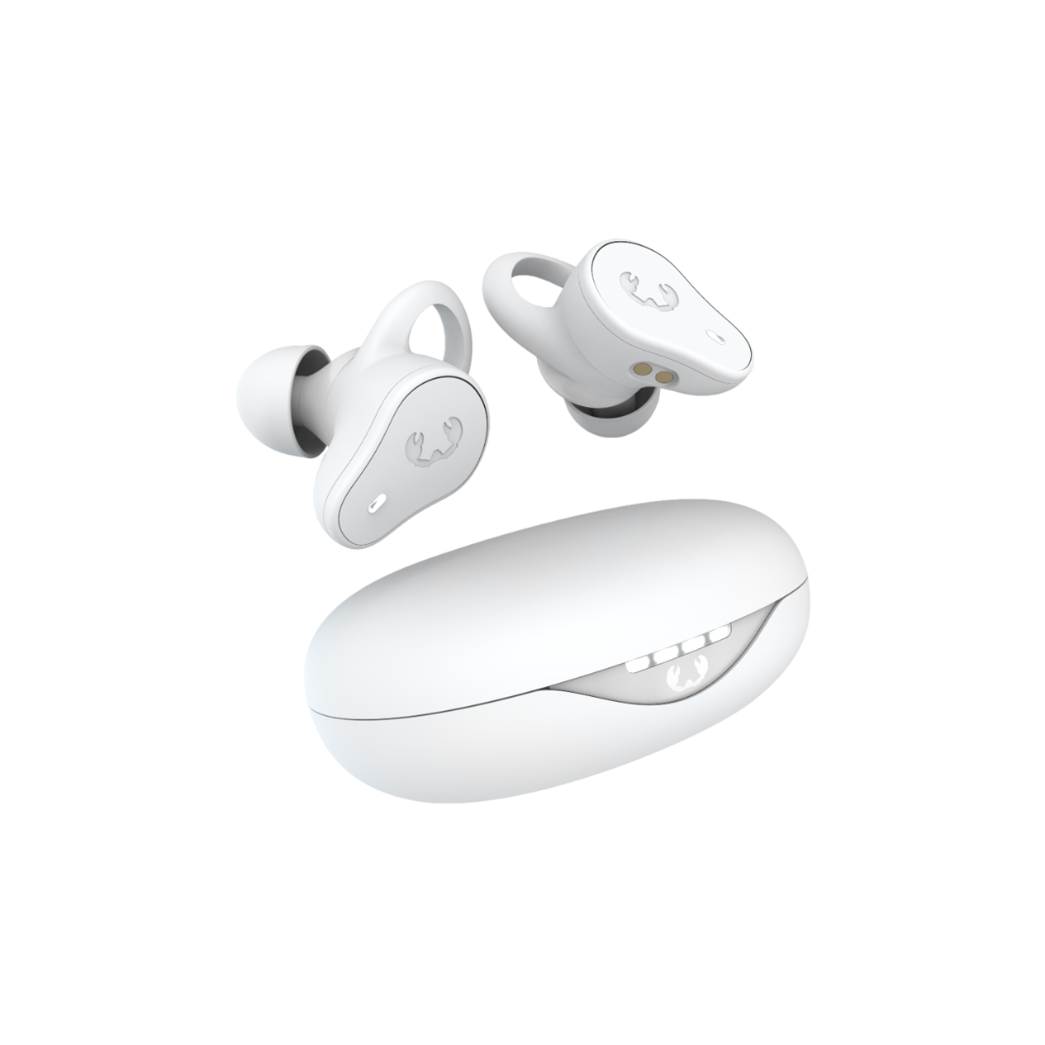 Białe bezprzewodowe słuchawki i etui ładujące na czarnym tle, z logo.