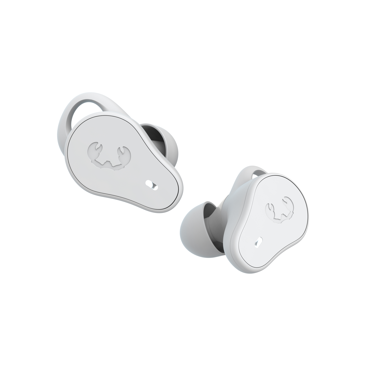 Dwa białe bezprzewodowe wkładki douszne z logo, pod kątem, na białym tle. Wkładki są lekko pochylone.
