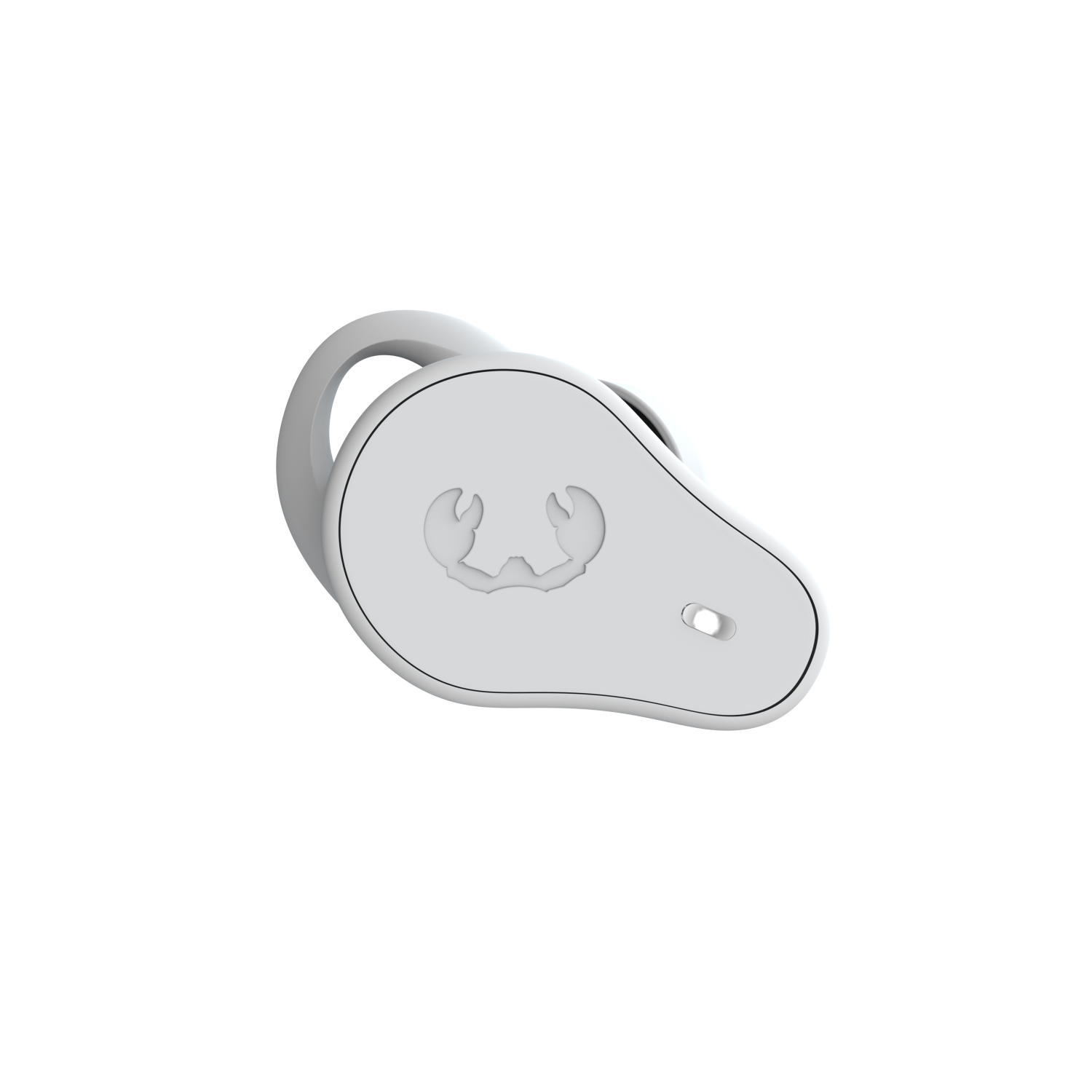 Biała pojedyncza słuchawka z logo kraba. Słuchawka jest skierowana do góry.