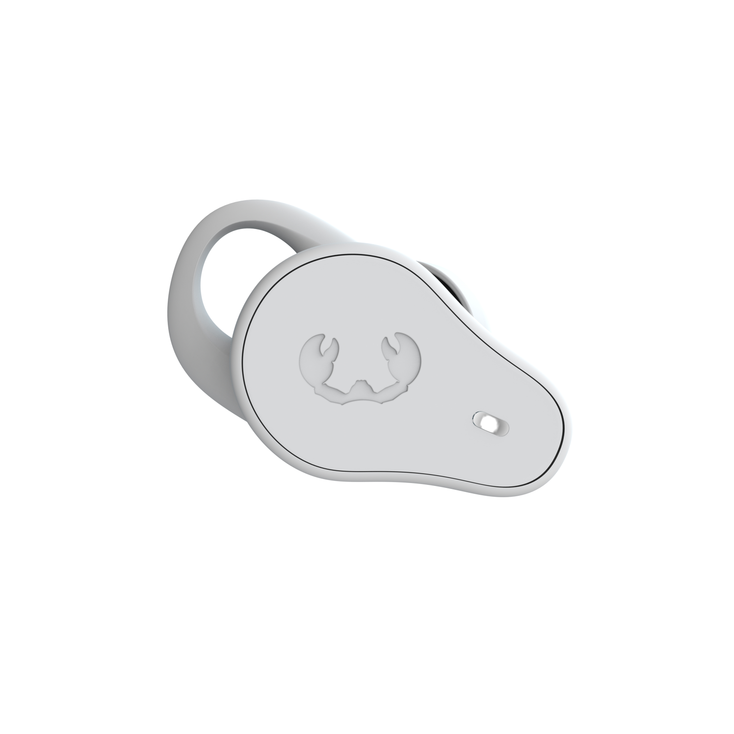 Biała słuchawka douszna z logo. Słuchawka znajduje się na białym tle.