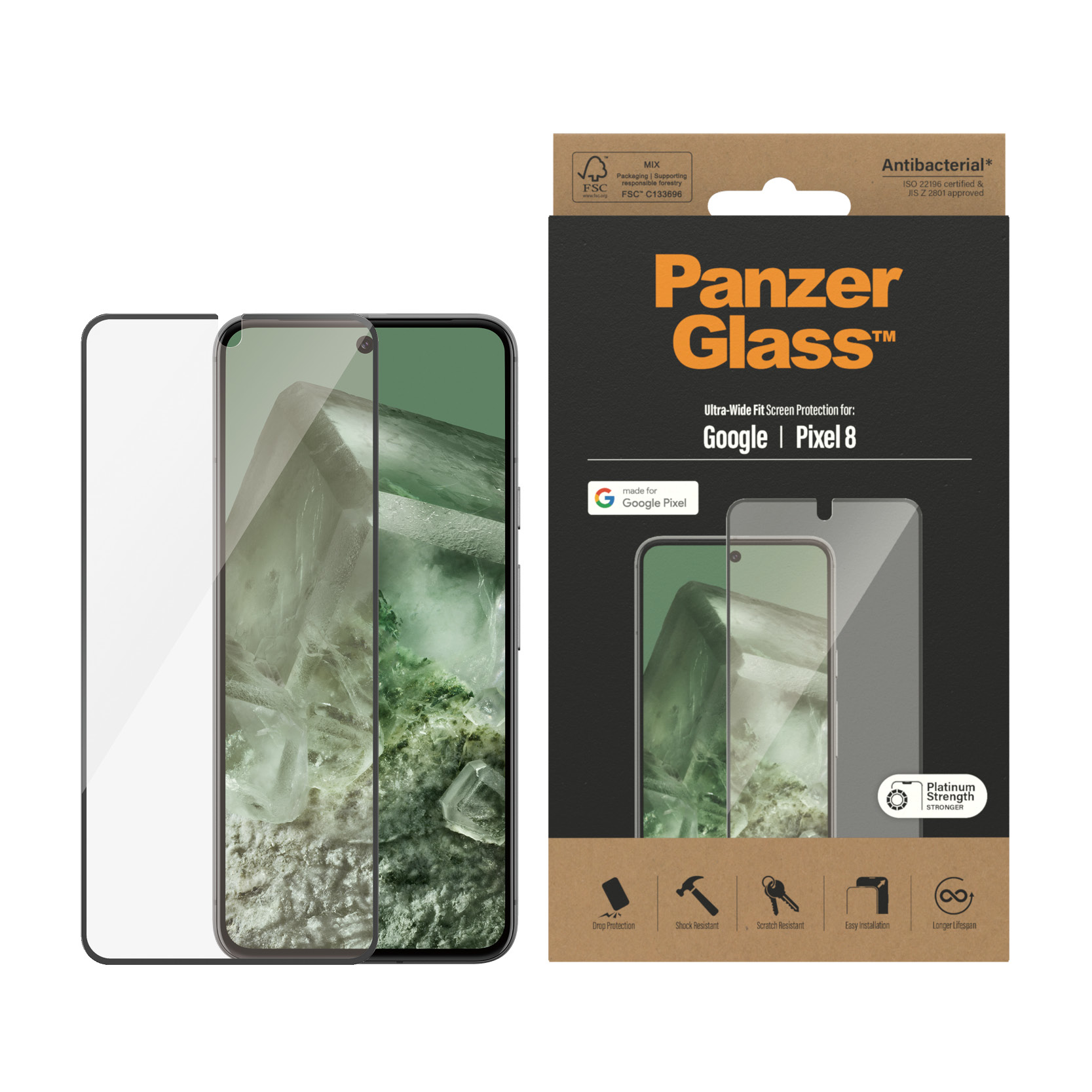 Telefoonschermbeschermer met verpakking. Toont het product voor Google Pixel 8.