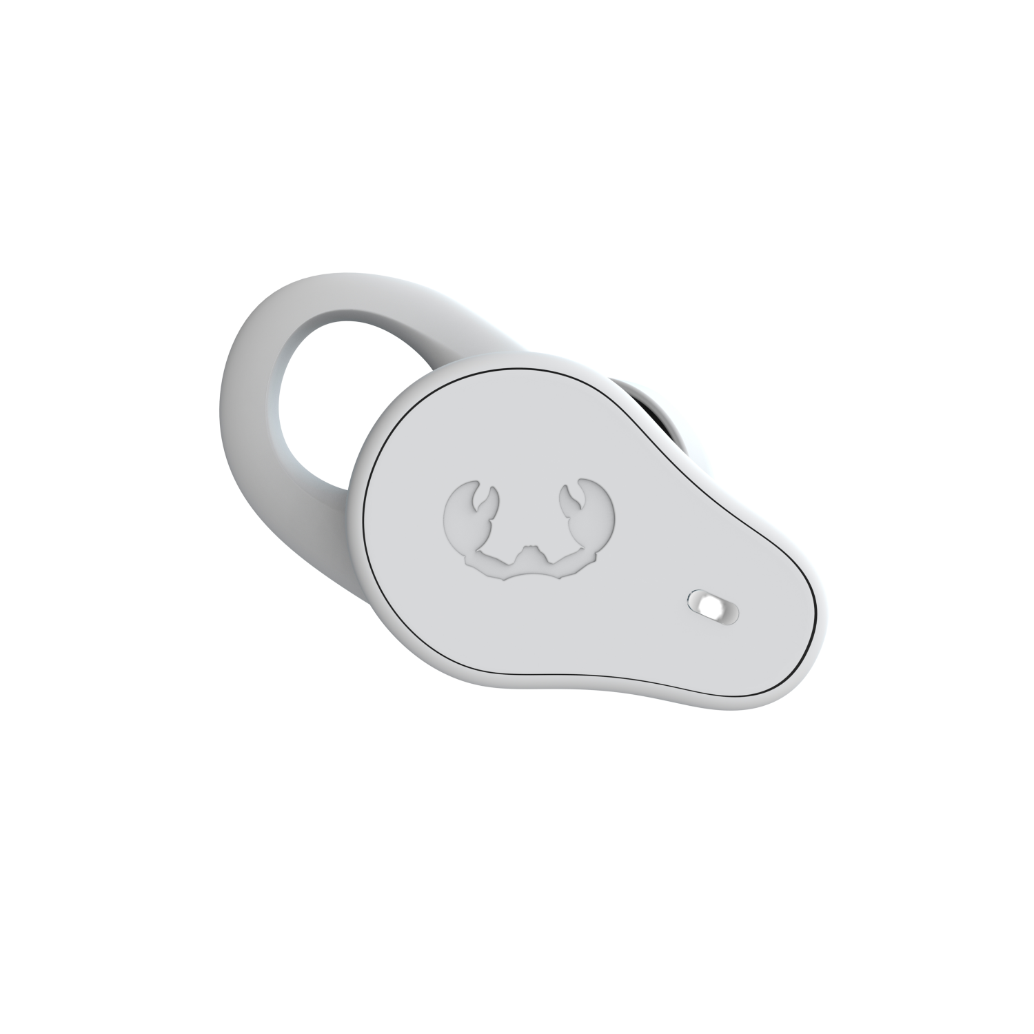 Biała bezprzewodowa słuchawka z pętlą i logo. Na czarnym tle.