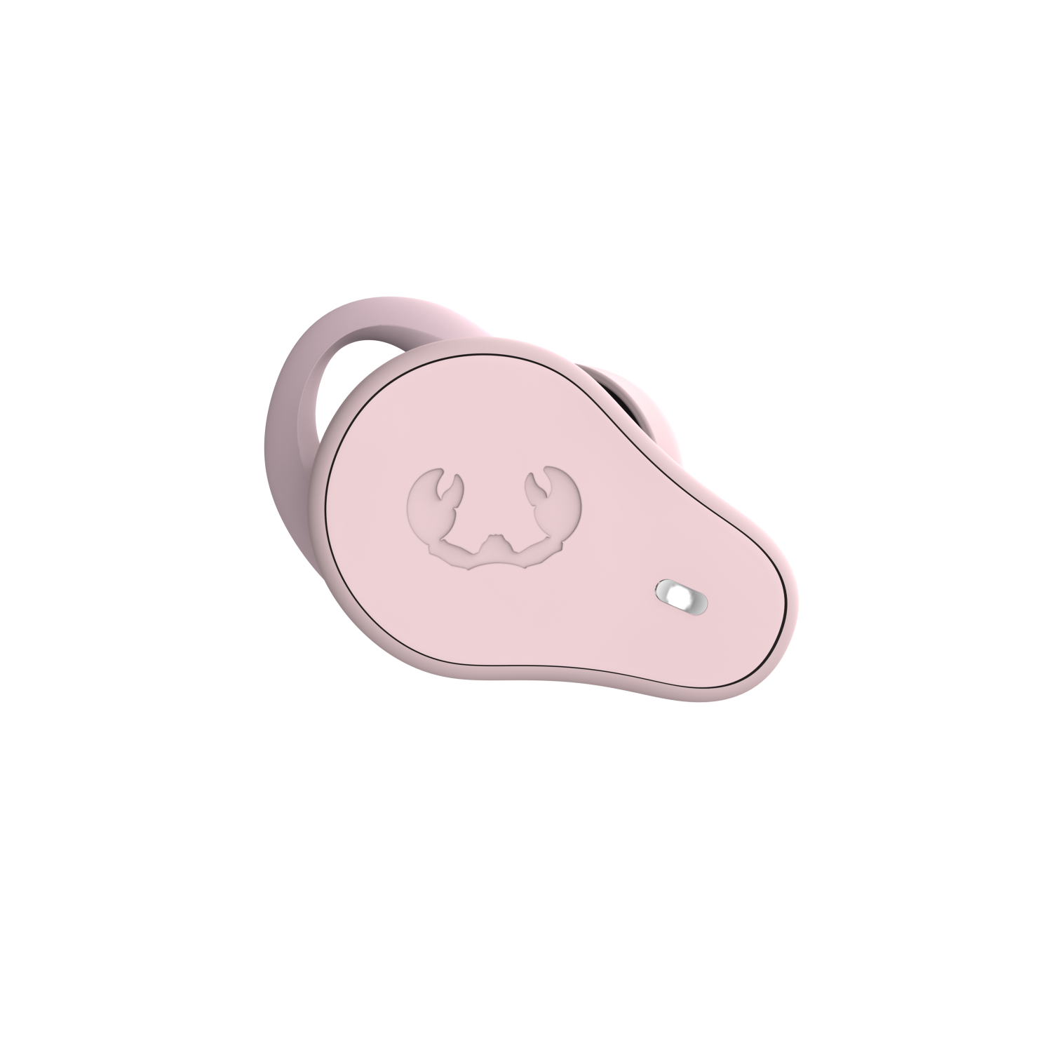 Ein rosa kabelloser Ohrhörer mit einzigartiger Form und Logo, vor dunklem Hintergrund.