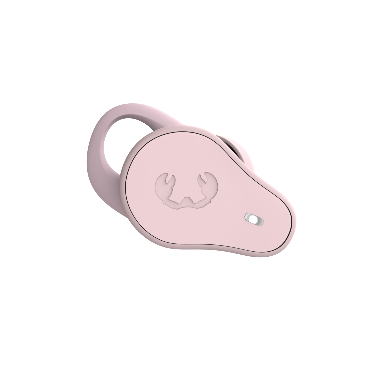 Ein einzelner rosa Ohrhörer mit geschwungenem Design und einem Logo. Es ist vor dunklem Hintergrund isoliert.