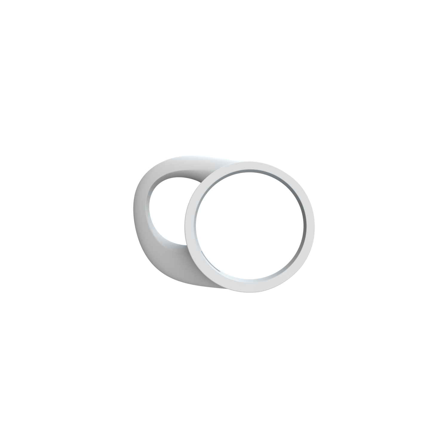 Biały uchwyt na telefon w kształcie pierścienia z okrągłym otworem. Tło jest czarne.