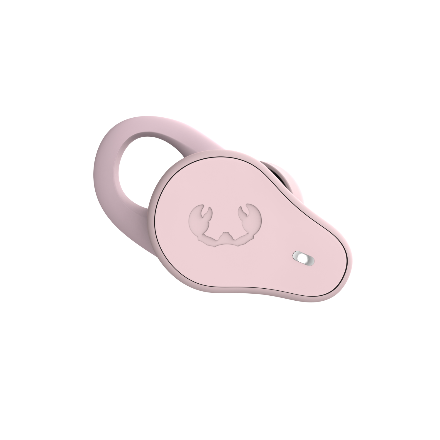 Ein rosa Ohrhörer mit Bügel, mit Logo, auf schwarzem Hintergrund.